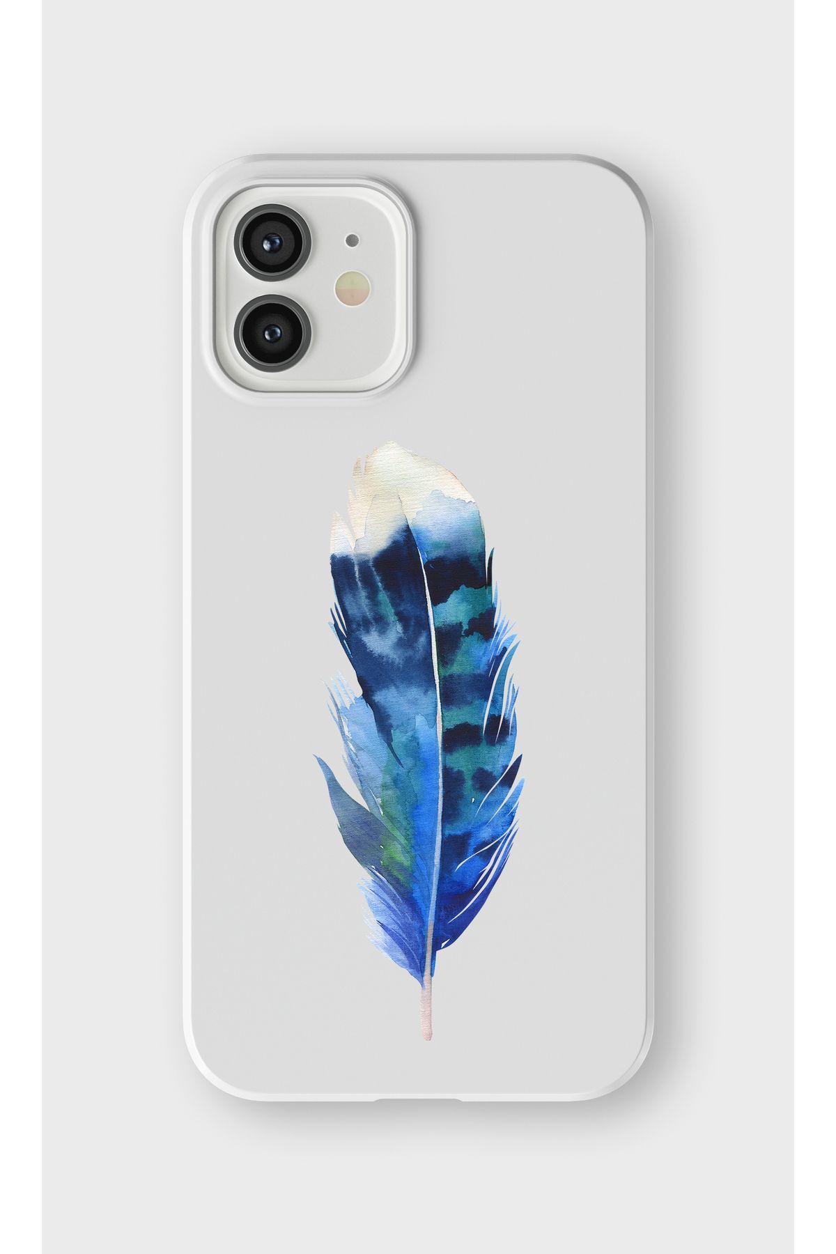 lelia iPhone 12 Uyumlu Mavi Kuş Tüyü Tasarımlı İçi Kadife Lansman Beyaz Silikon Kılıf