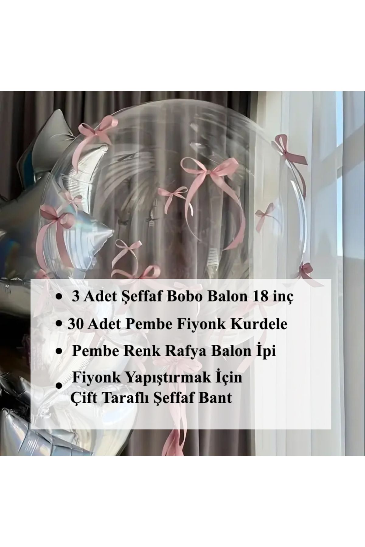 PartyPoo Pembe Fiyonklu 3 Adet Şeffaf Bobo Balon 18 İnç Parti Düğün Nikah Süsü Doğum Günü Dekorasyon