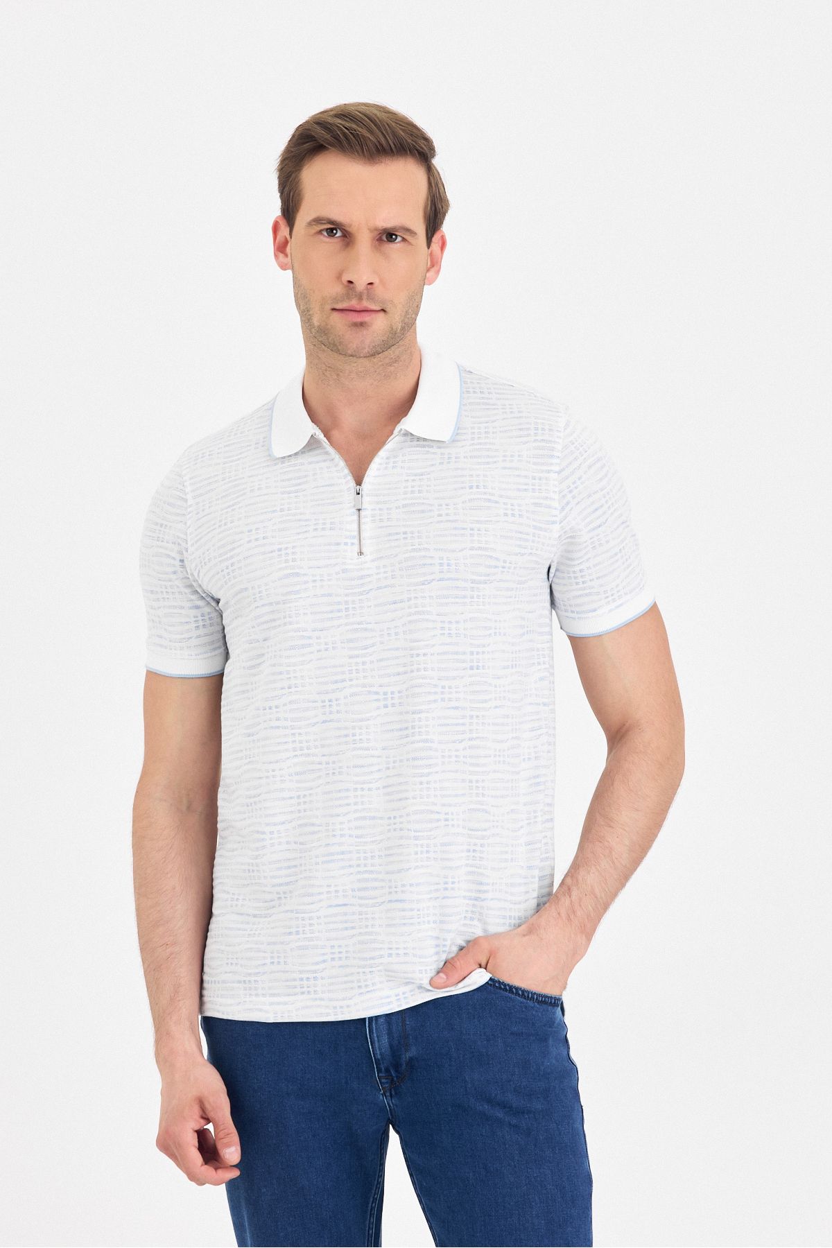ENQUE Erkek Basic Fermuarlı Desenli Kıvrılmaz Polo Yaka Pamuklu Slim Fit Tişört