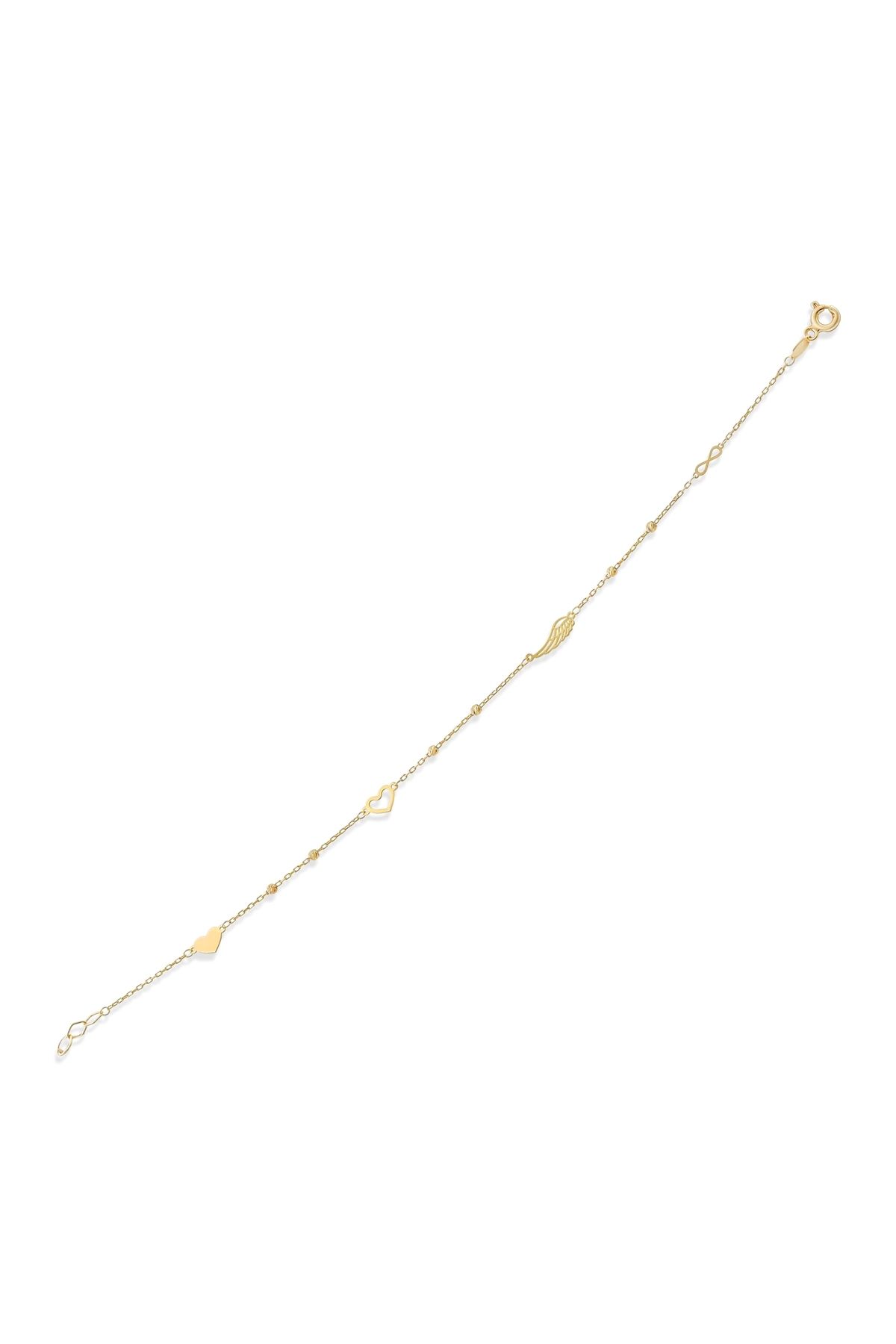 YCL JEWELLERY 8 Ayar Altın Melek Sonsuzluk ve Kalpli Altın Şans Bilekliği
