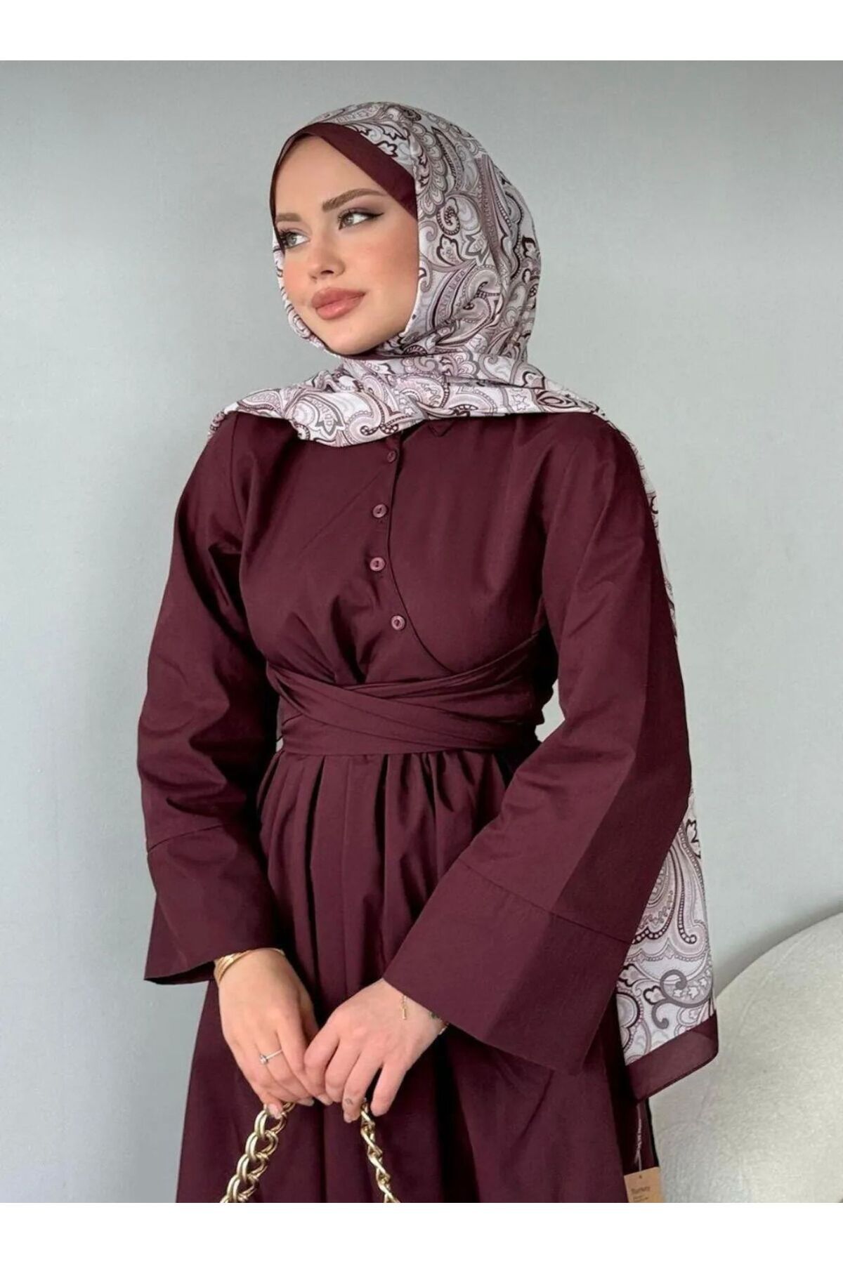 Bahar Altundemir Kadın Gömlek Yaka Bağlamalı Poplin Kumaş Tesettür Elbise Uzun Gömlek Elbise