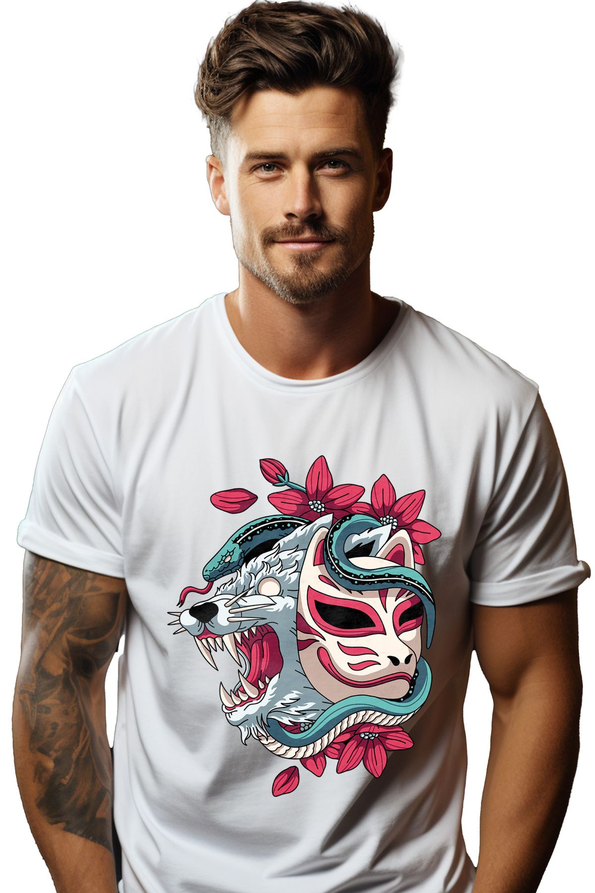 StoryGift Romania Tricou Barbati Cu Sarpe, Floare, Lup, Masca, Cu Imprimeu Pe Spate, 100% Bumbac, Alb, Lstg Masculin - XS