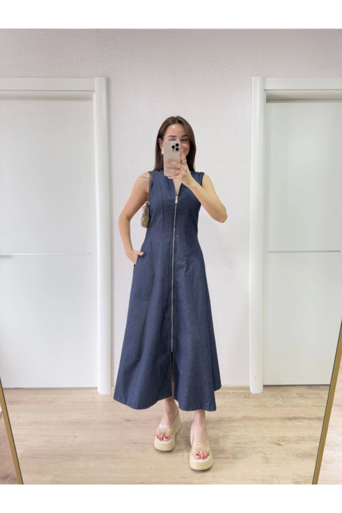 velmorafashion Jeans Kot Önü Tam Fermuarlı Uzun Elbise - Mavi