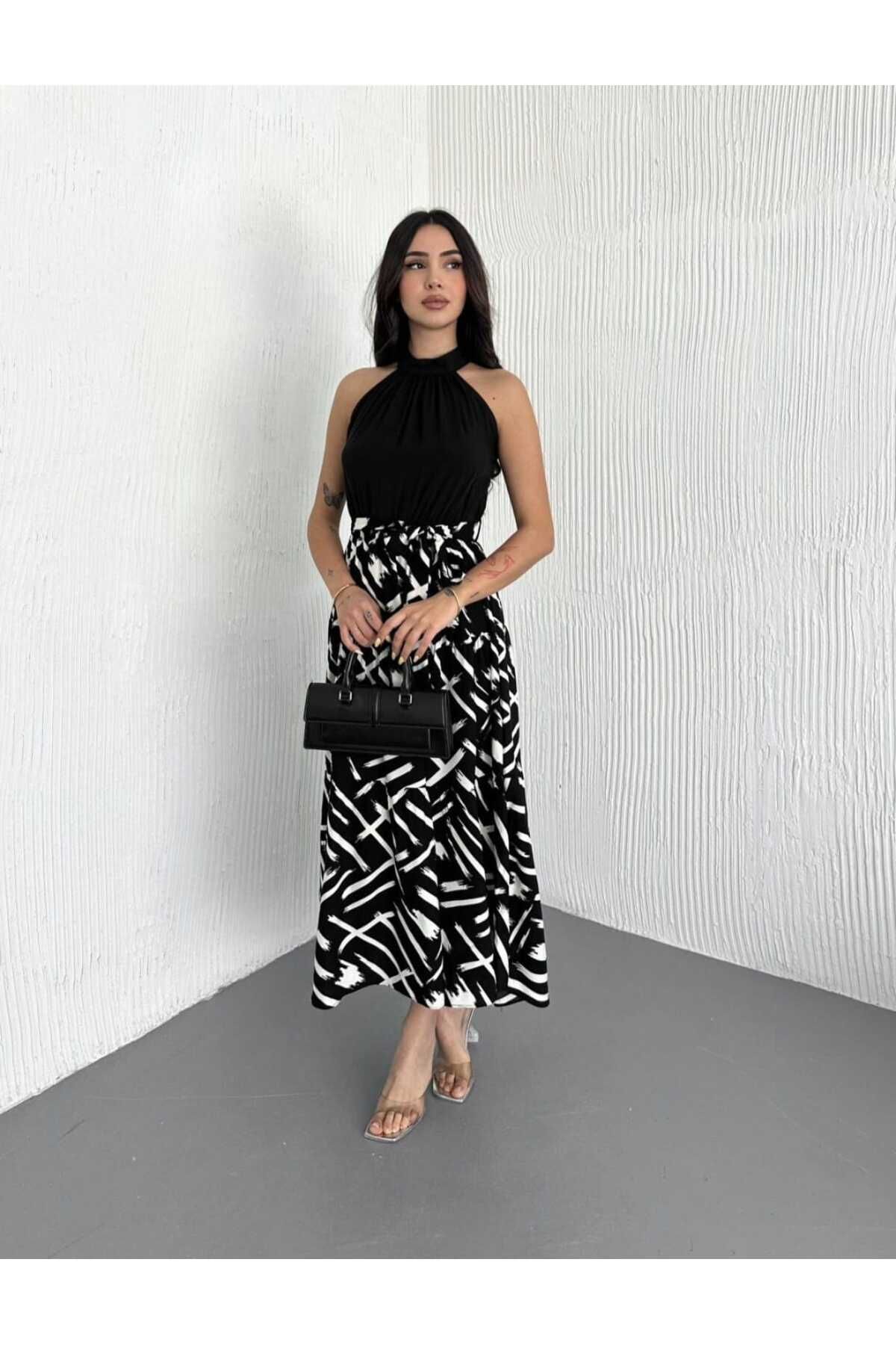 YAKAMOZ34BUTİK HALTER YAKA GARNİLİ ELBİSE