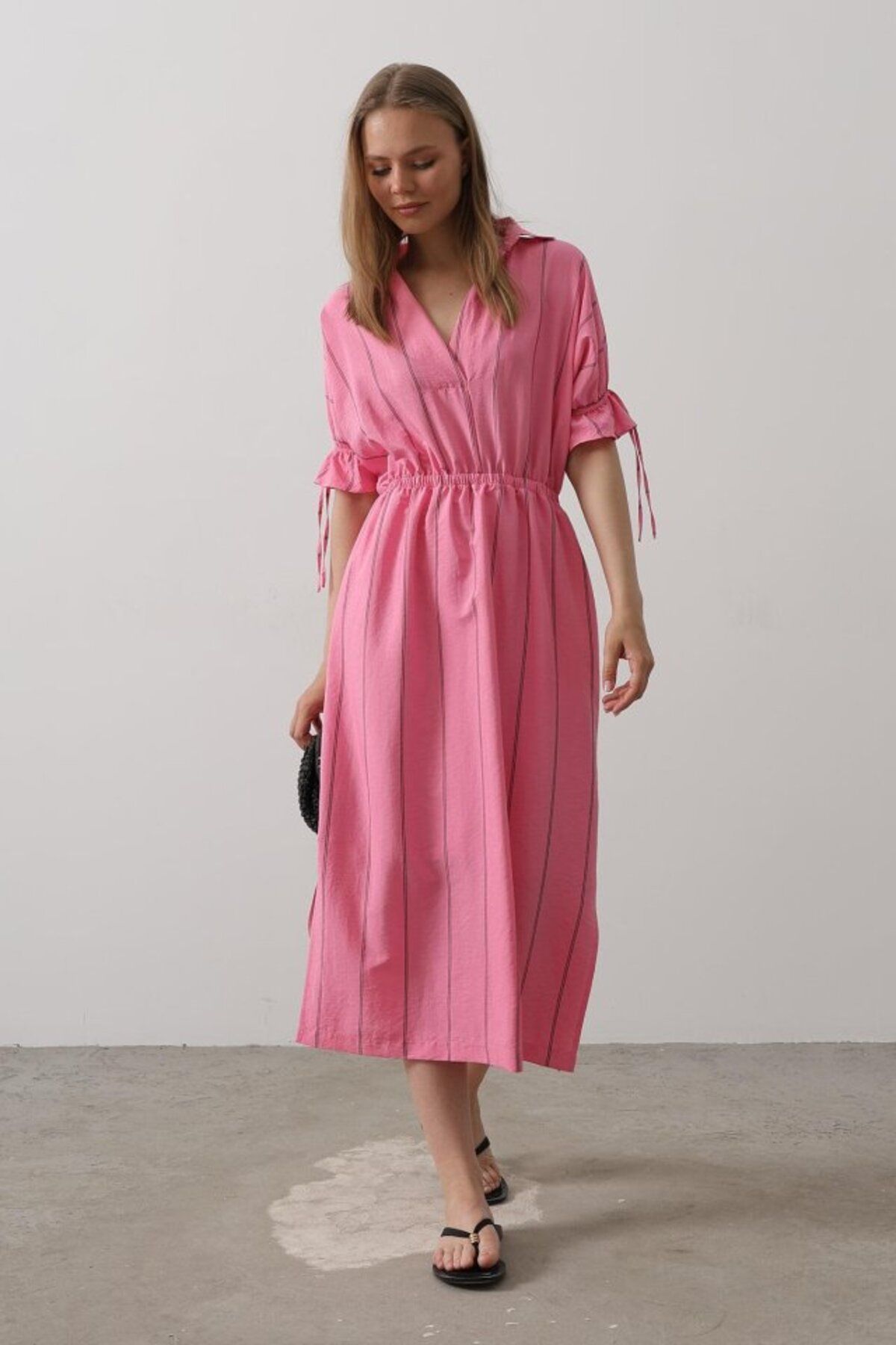 velmorafashion Beli Lastikli Elbise - Pembe