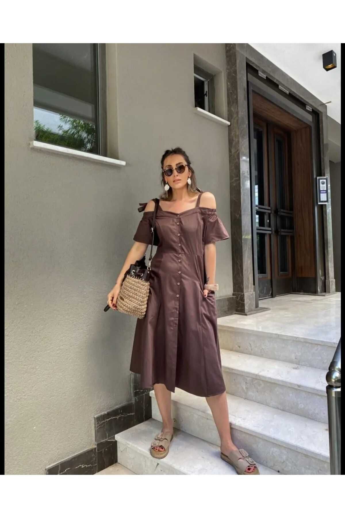 RİGALA KAHVE RENGİ ASKILI KLOŞ MİDİ ELBİSE