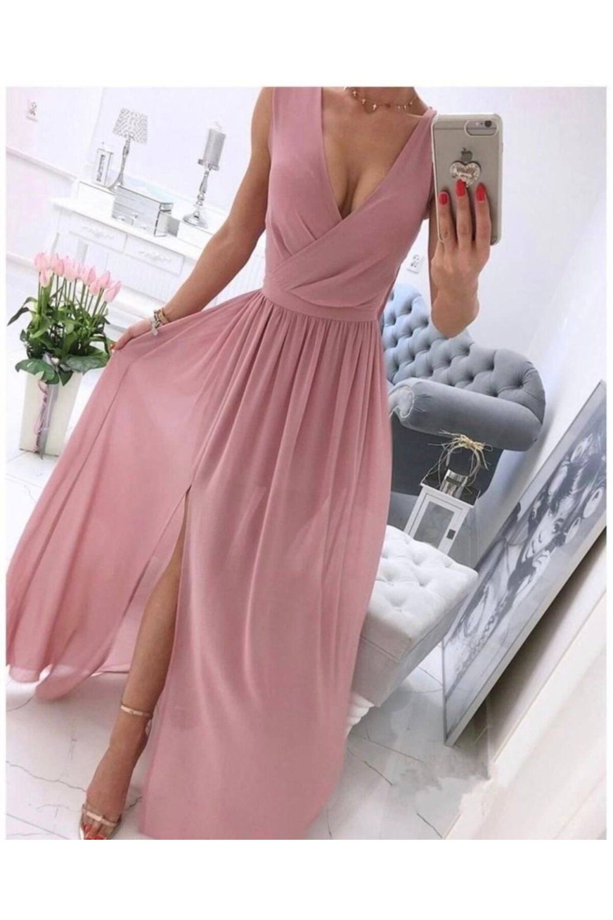 velmorafashion Kadın şifon Kumaş V Yaka Sıfır Kol Maxi Boy Elbise