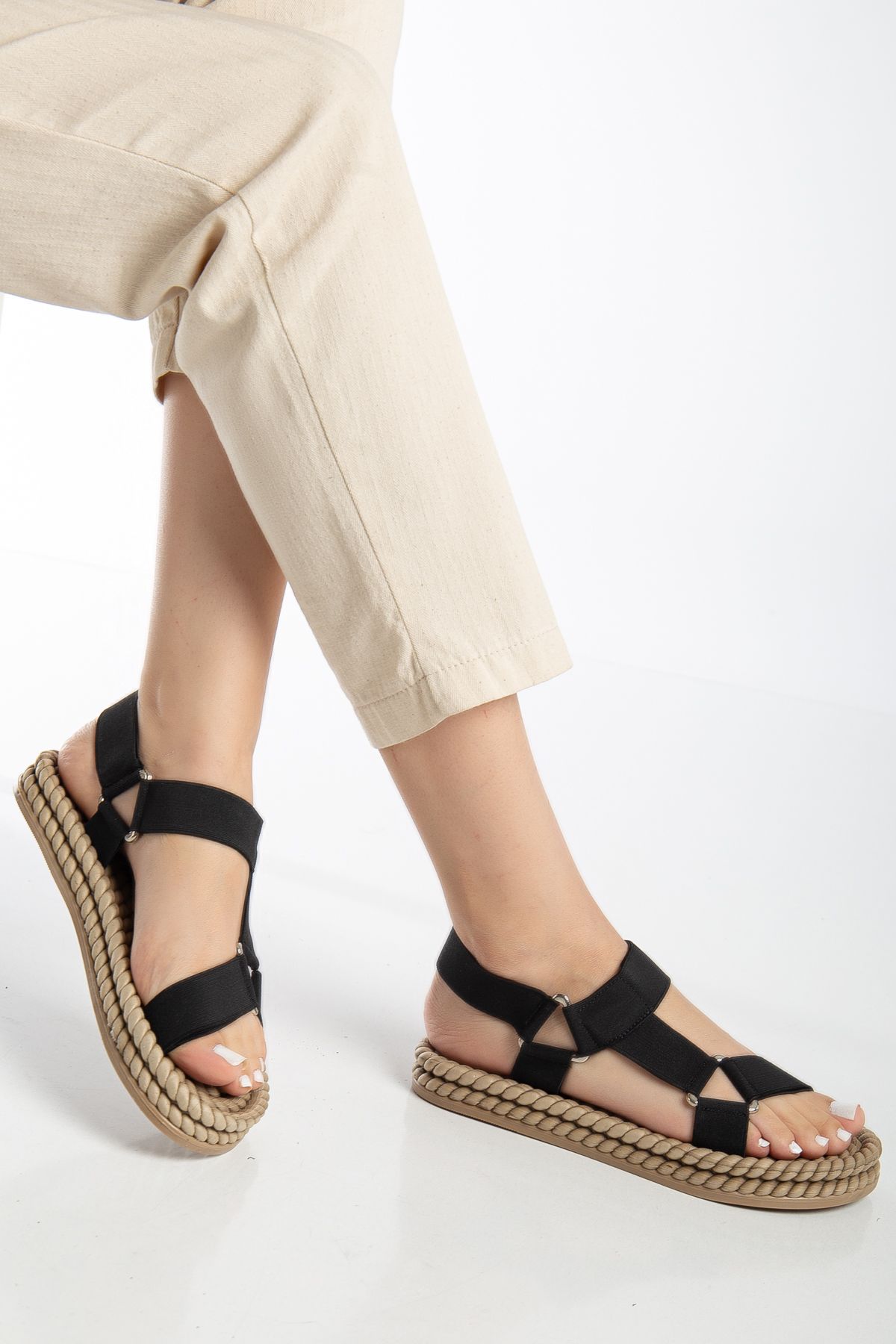 THE FRİDA SHOES Günlük Lastikli Alçak Hasır Taban Kadın Sandalet Fr25