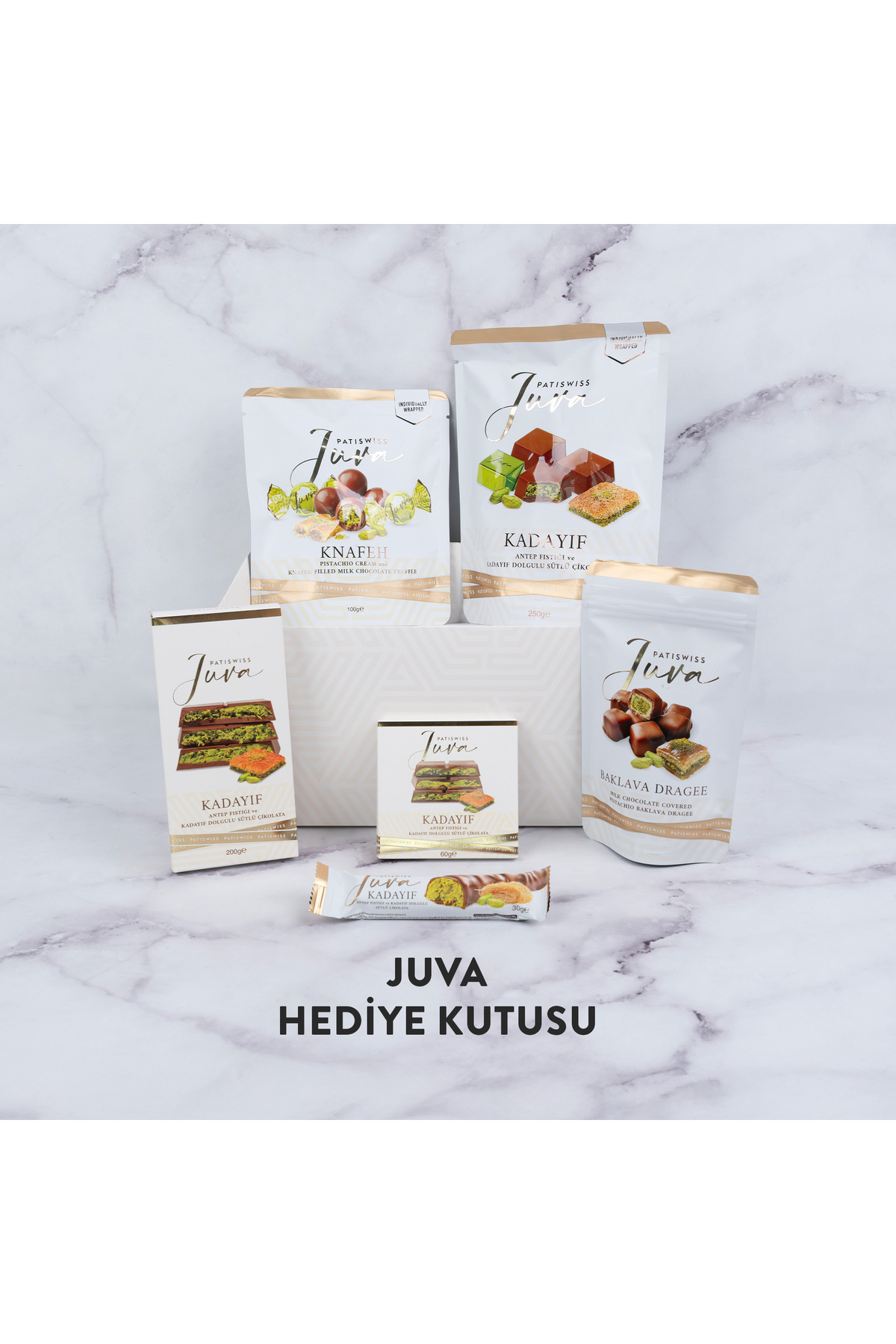 Patiswiss Juva Beyaz Hediye Kutusu Antep Fıstığı ve Kadayıflı Sütlü Çikolata Serisi