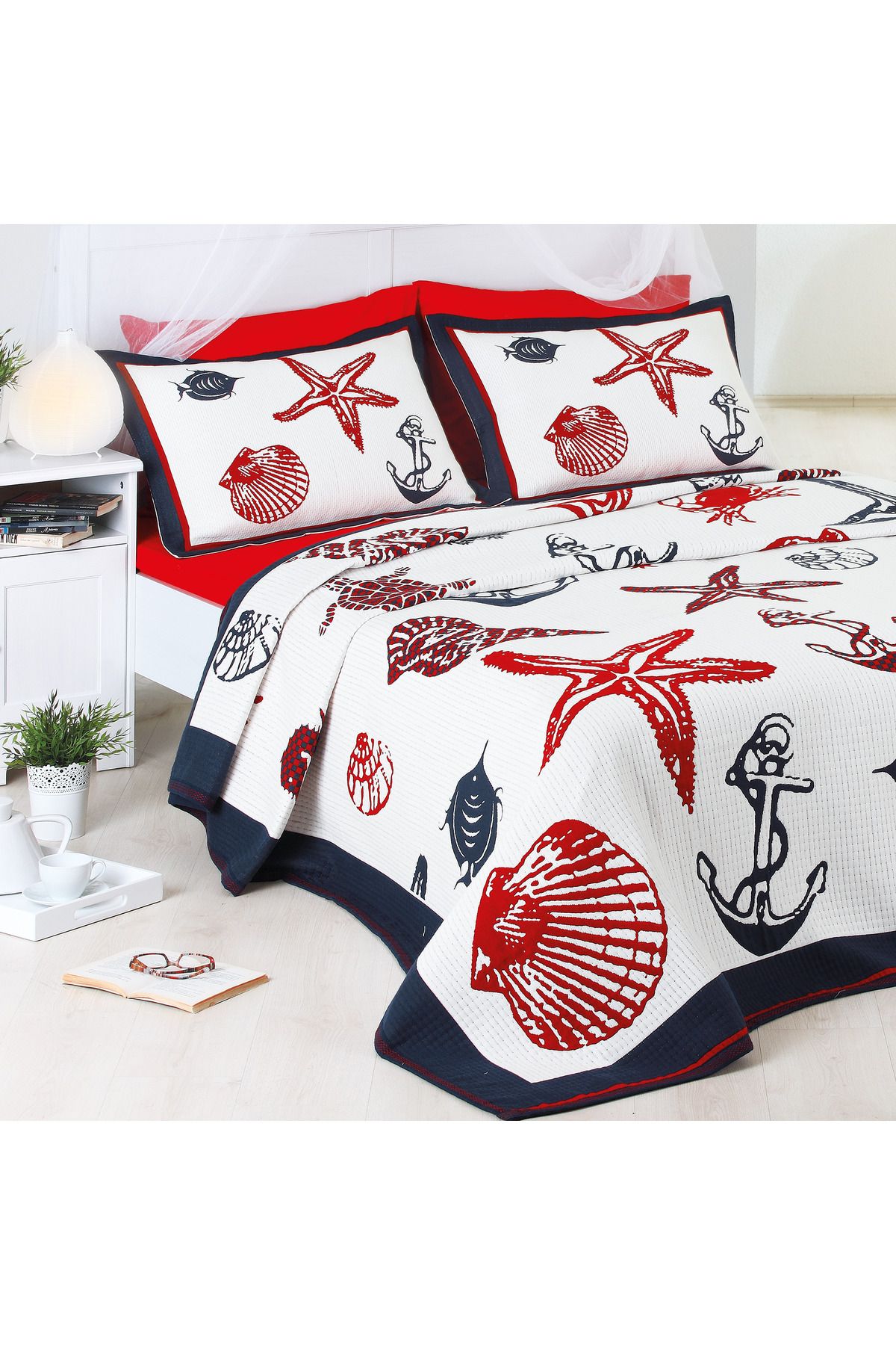 NEEA HOME Çift Kişilik Jakarlı Yatak Örtüsü 260x260 – Ocean Deniz Desenli, Şık Dokuma Pamuklu Yatakörtüsü