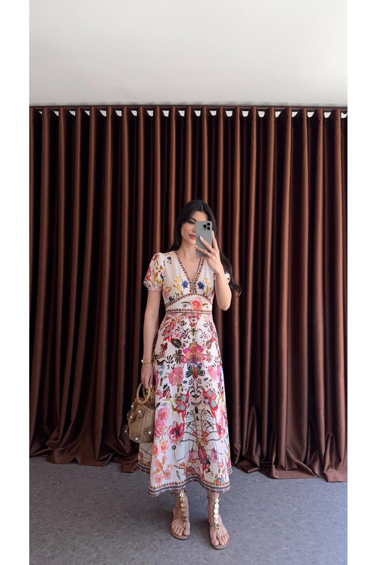 HAZELANNA Floral Desenli Keten Elbise