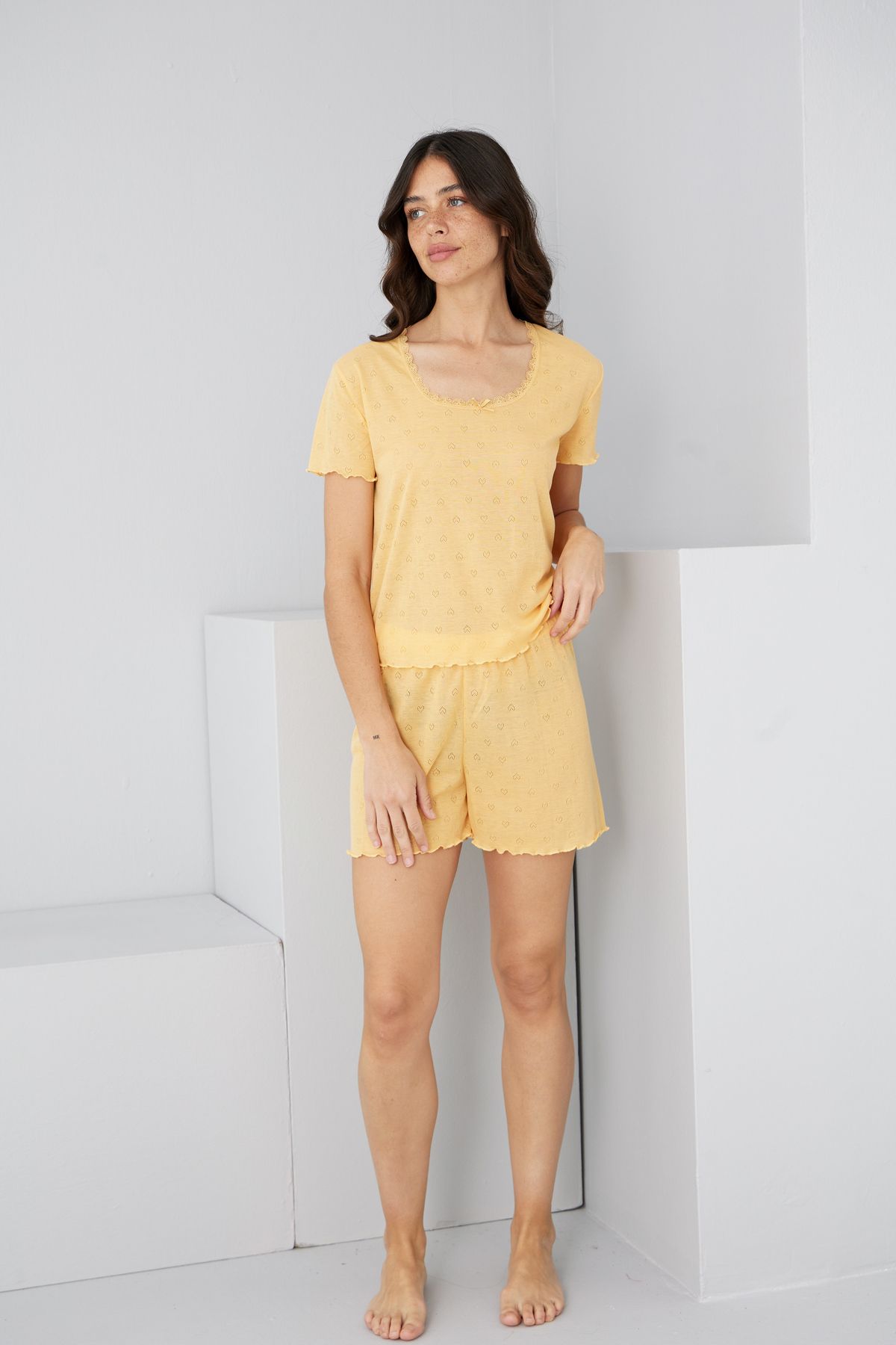 Siyah İnci-Yellow Pointel Openwork/Hole Knitted Shorts Set7892 3