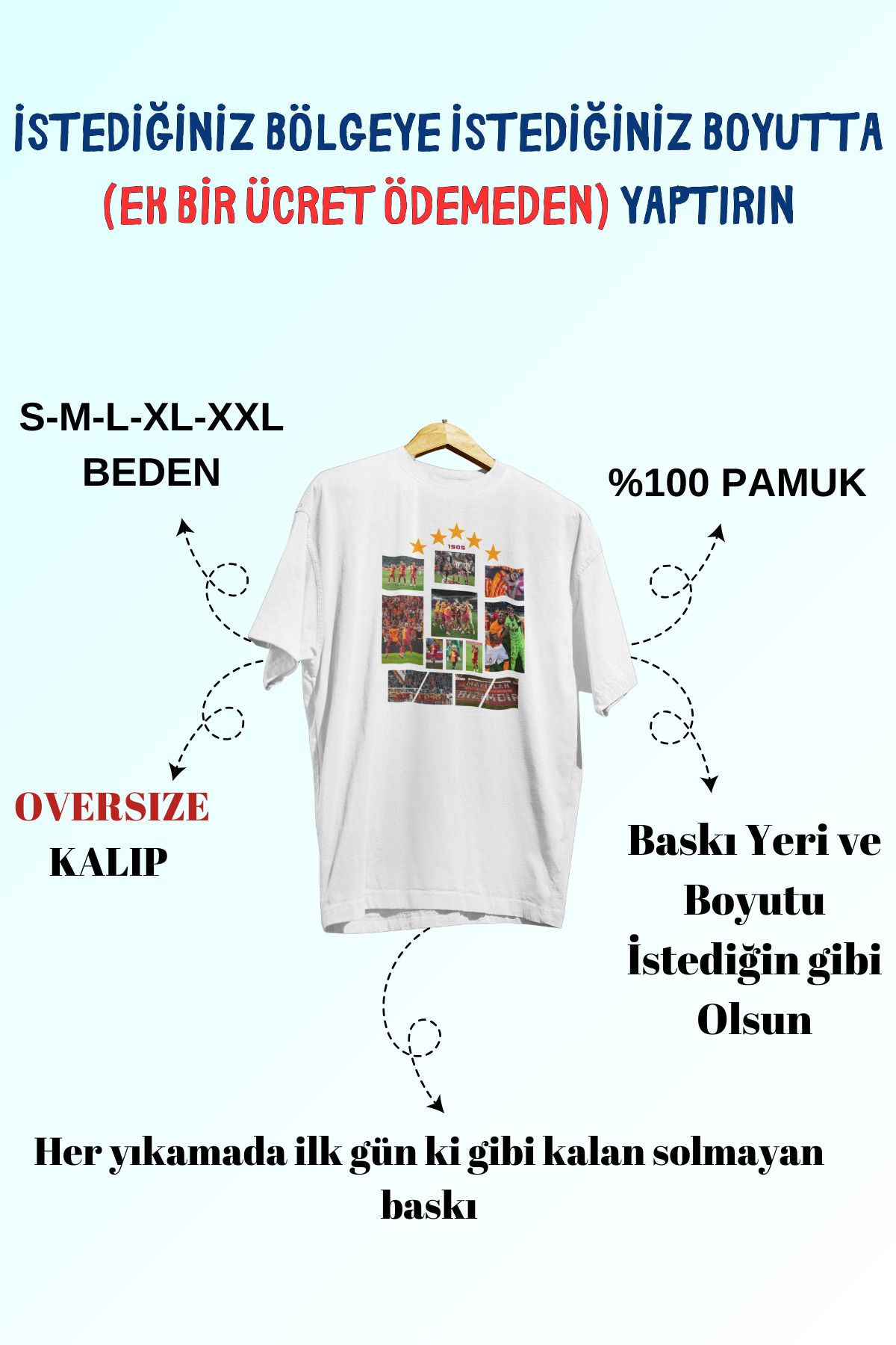 Tshirto 5 Yıldız Şampiyonluk Kolaj Tasarım Baskılı %100 Pamuk Bisiklet Yaka Oversize T-shirt