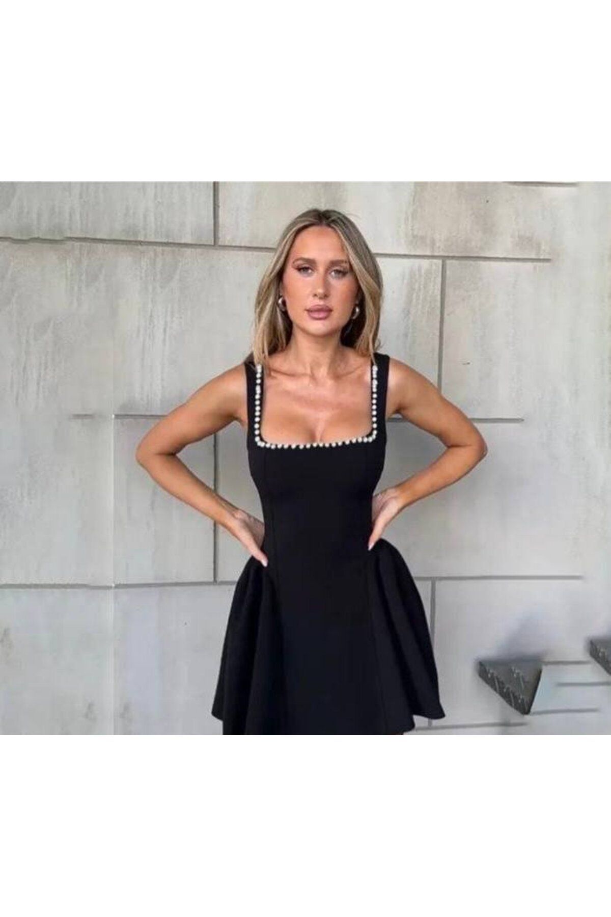 velmorafashion Kadın Dalgıç Kumaş Yanları Pileli Incili çakımlı Elbise