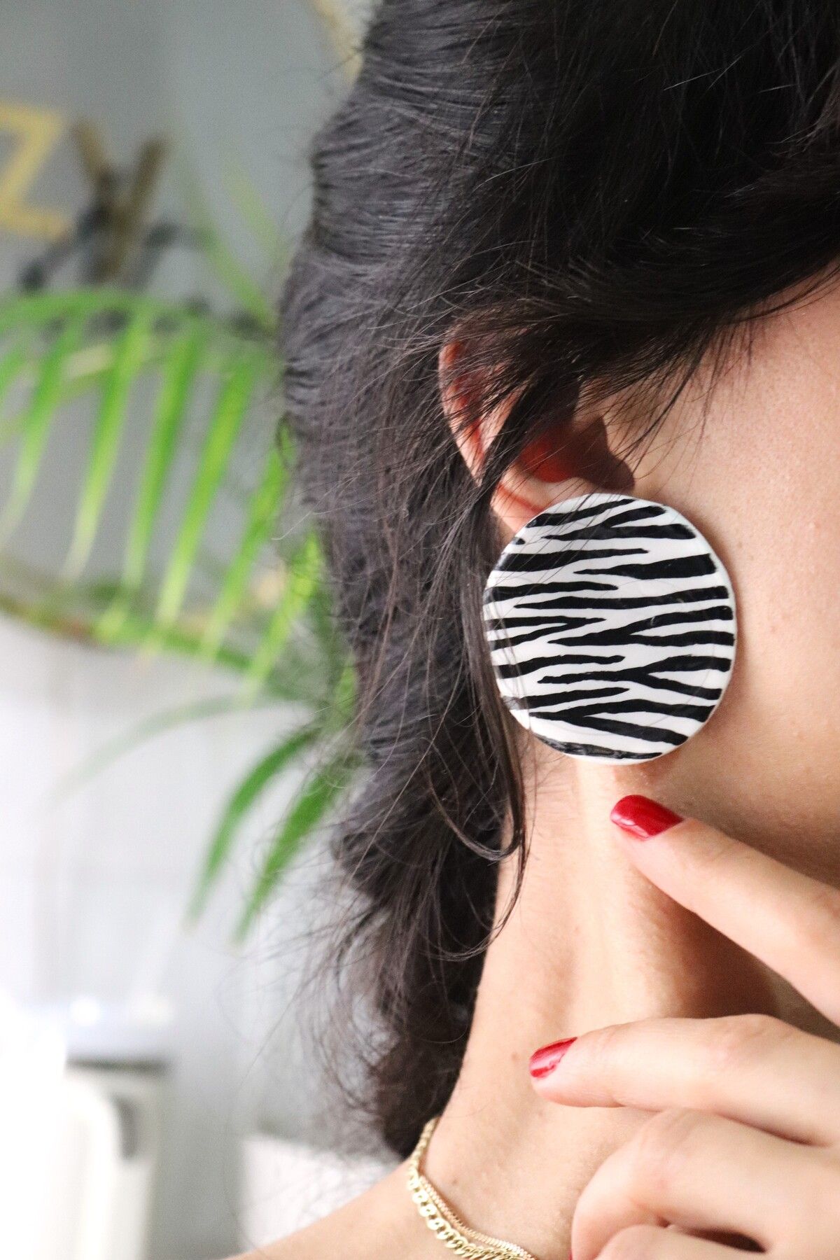 Gizy Store Polimer Kil Zebra Tasarım Kadın Küpe, Zebra Küpe, Yuvarlak Büyük Küpe