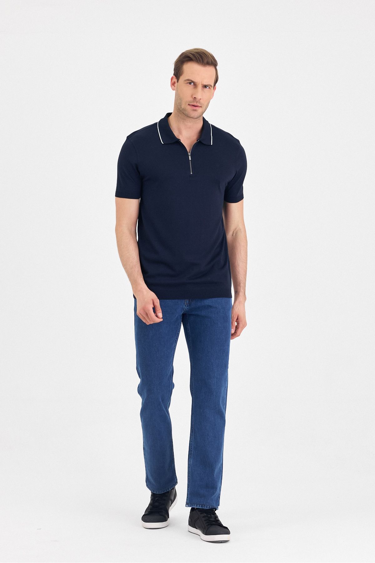ENQUE Erkek Basic Fermuarlı Düz Kıvrılmaz Polo Yaka Modal Pamuklu Slim Fit Tişört