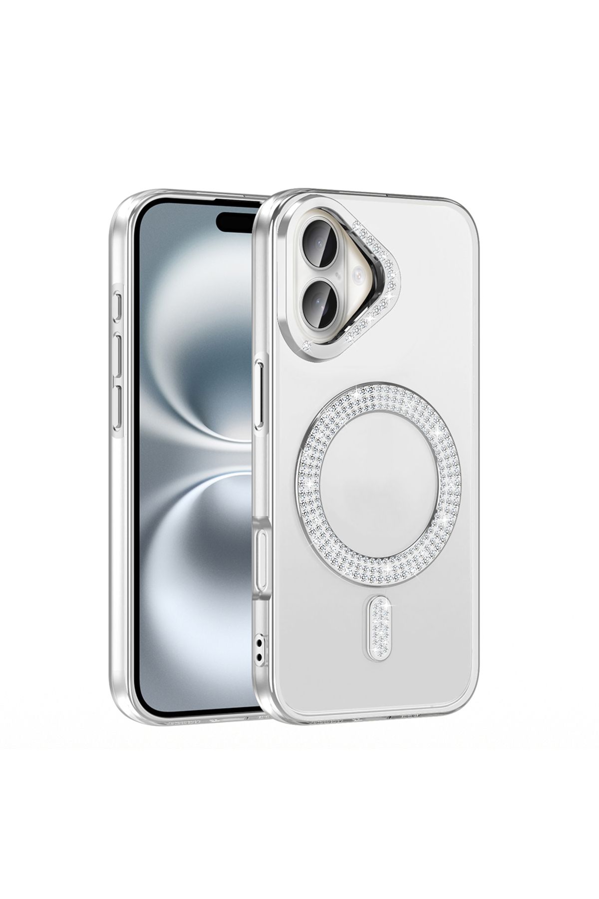 Strap U Apple iPhone 16 Kılıf Pırlanta Taş Tasarımlı M-safe Şarj Özellikli Karetta Silikon Kapak