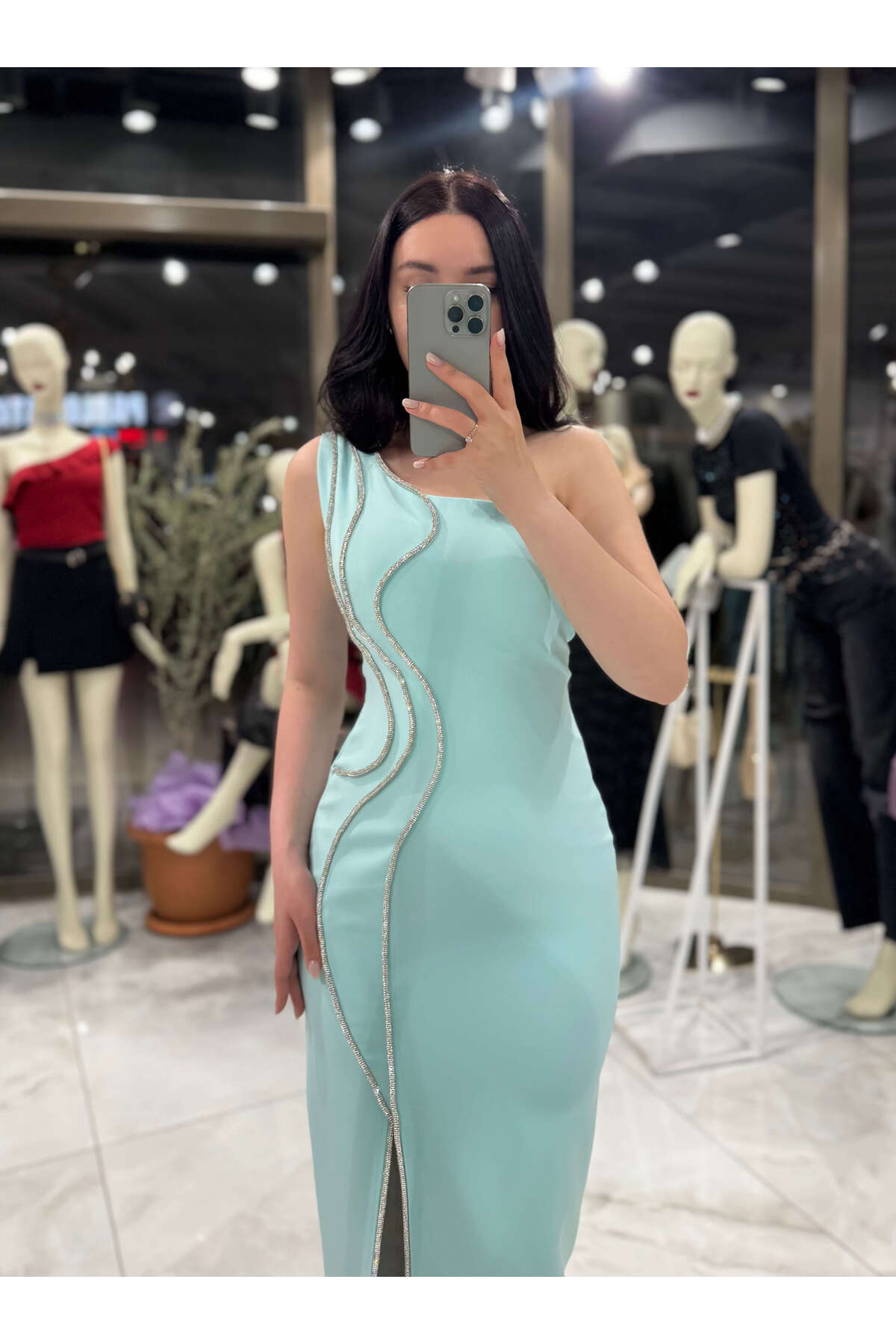 missswans Ayana Tek Omuz Taş Dalgalı Detay Önü yırtmaçlı Midi Boy Abiye Elbise Tiffany