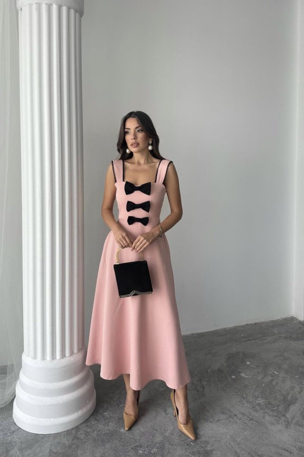 velmorafashion Pudra Fiyonk Garnili Dantelli Elbise