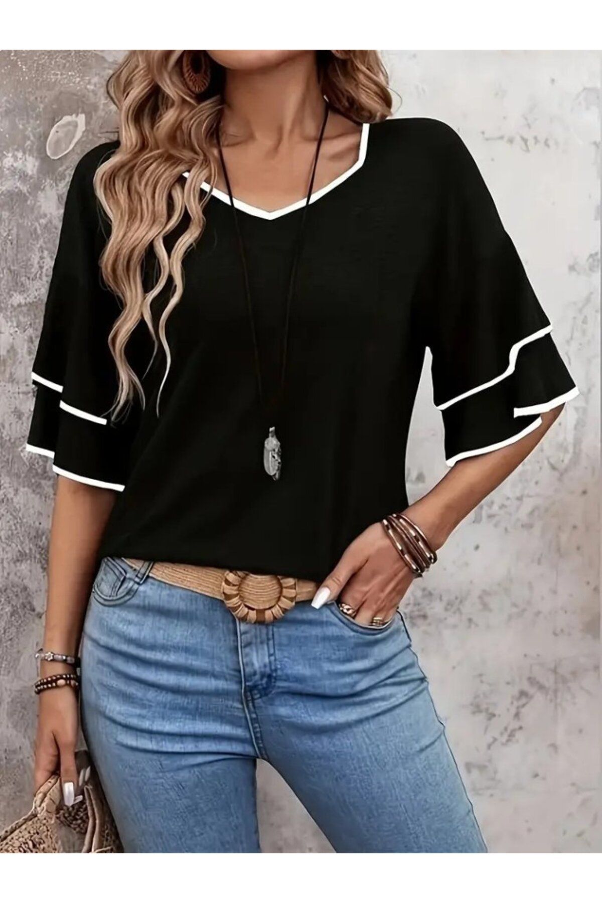 velmorafashion Kadın Kısa Kollu V Yakalı Viskon Bluz