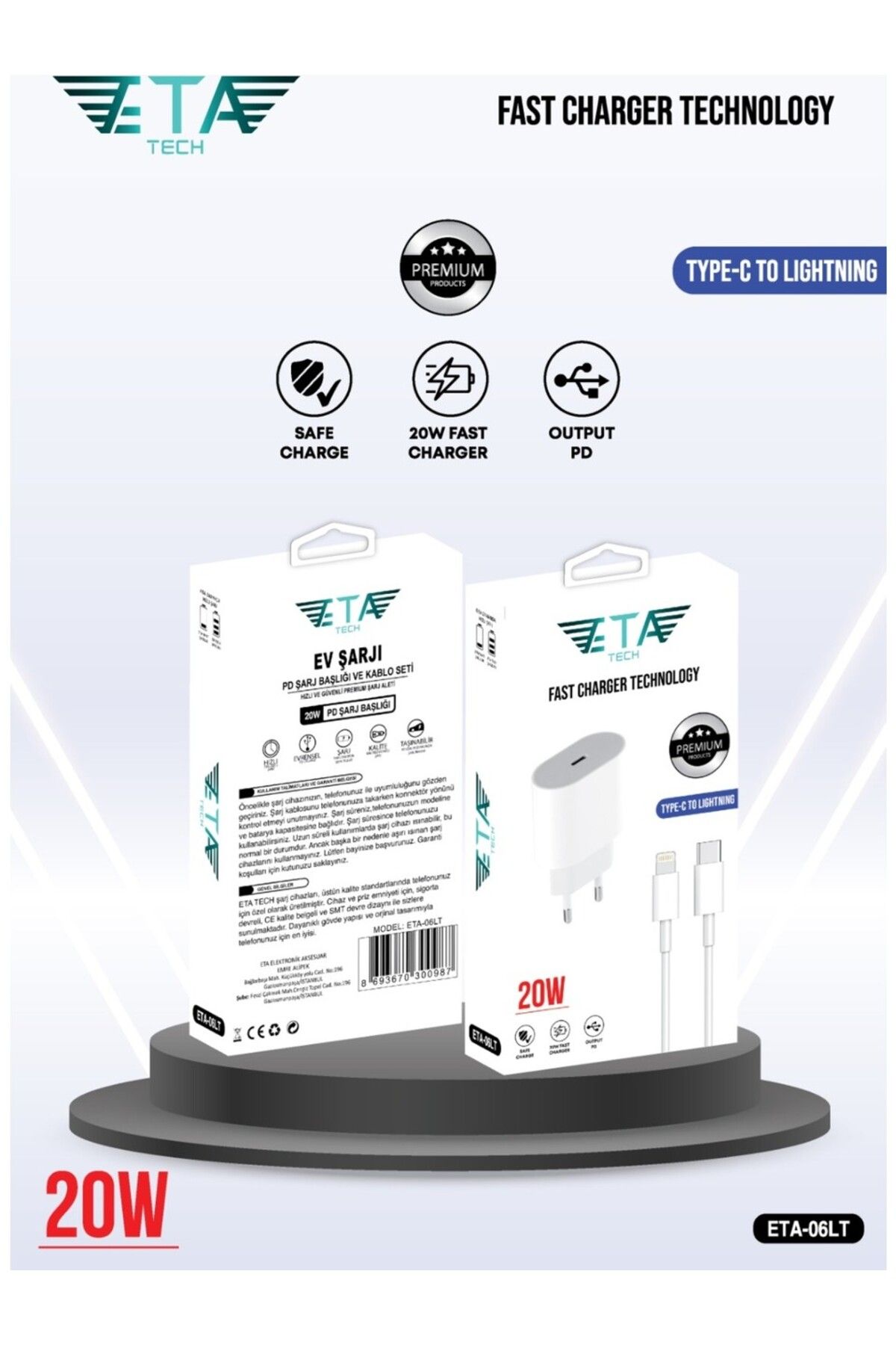 Eta Tech Apple Iphone Lightning 20w Uyumlu Hızlı Şarj Aleti 7 8 X 11 12 13 14 Pro Max Adaptör Kablo Set