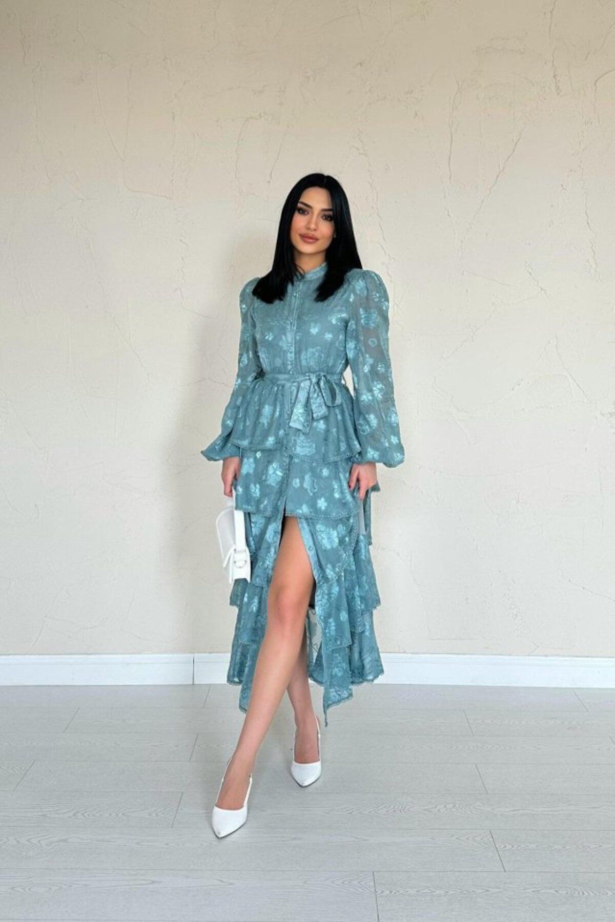 velmorafashion Mint Valonlu Şeritli Kat Kat Elbise