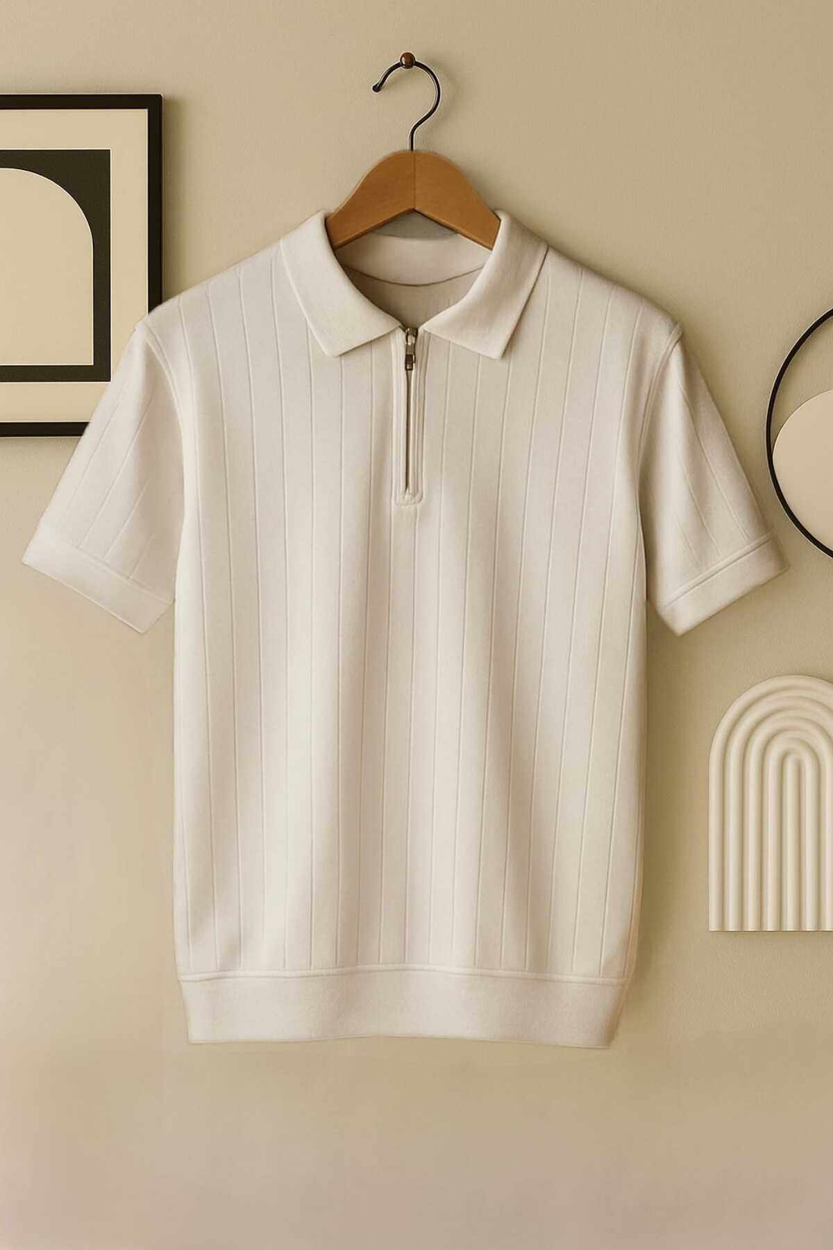 ZMODA SOFT Polo Yaka Fermuarlı Çizgili Old Money Örme Yumuşak Kısa Kollu Erkek Tişört