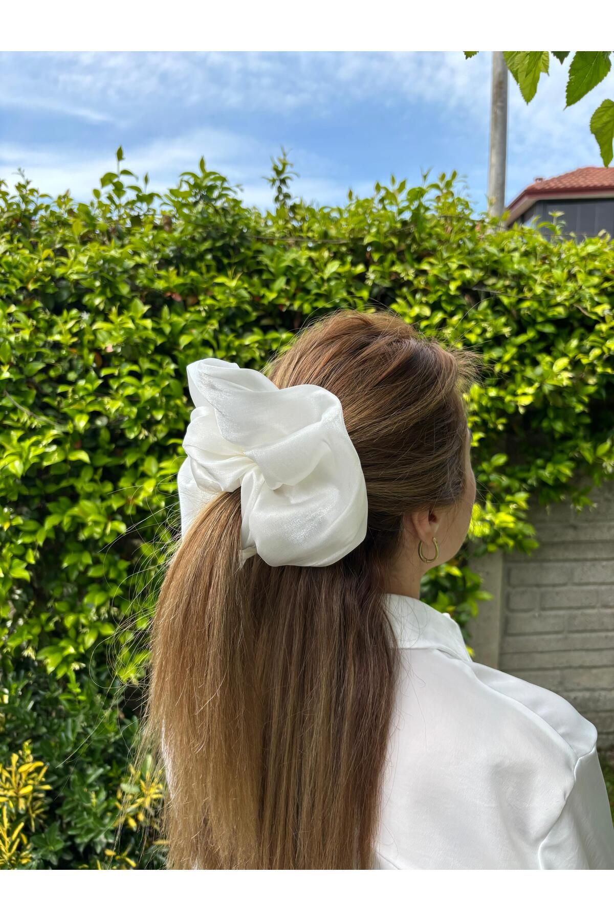 KİKİYS Parlak Beyaz XXL Saç Tokası Kadın Saç Aksesuarı Scrunchie Gelin Saç Tokası