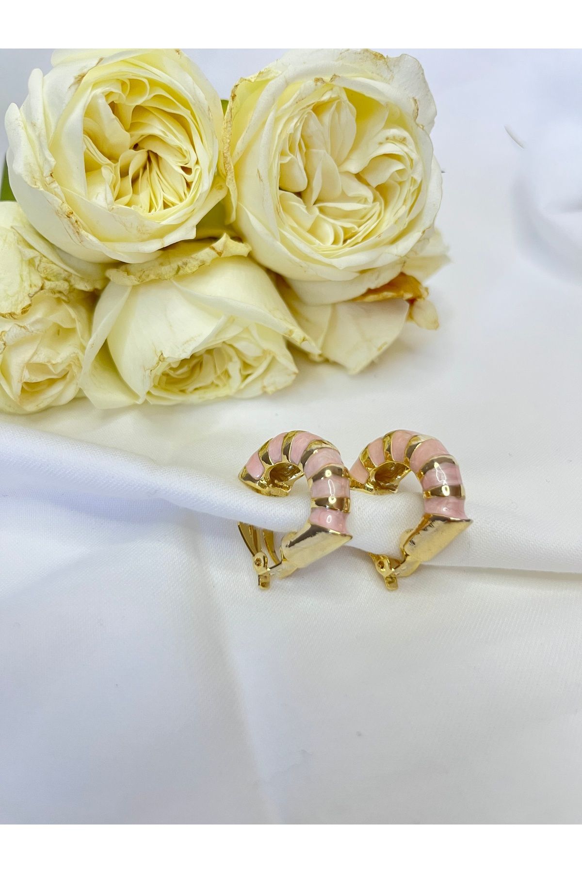 Fam&Co Jewelry Altın Kaplama Pembe Çizgili Mıknatıslı Paslanmaz Çelik Halka Küpe
