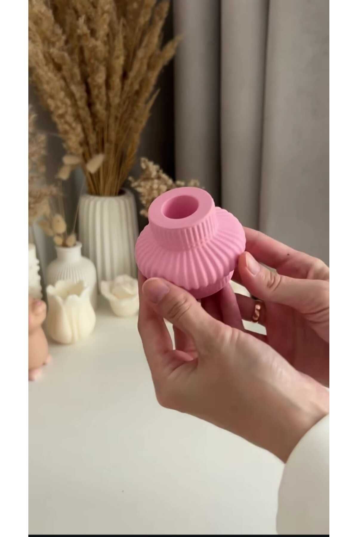 ALMİSH Dekoratif Çizgili Pembe Şamdan Mumluk 2'li Set