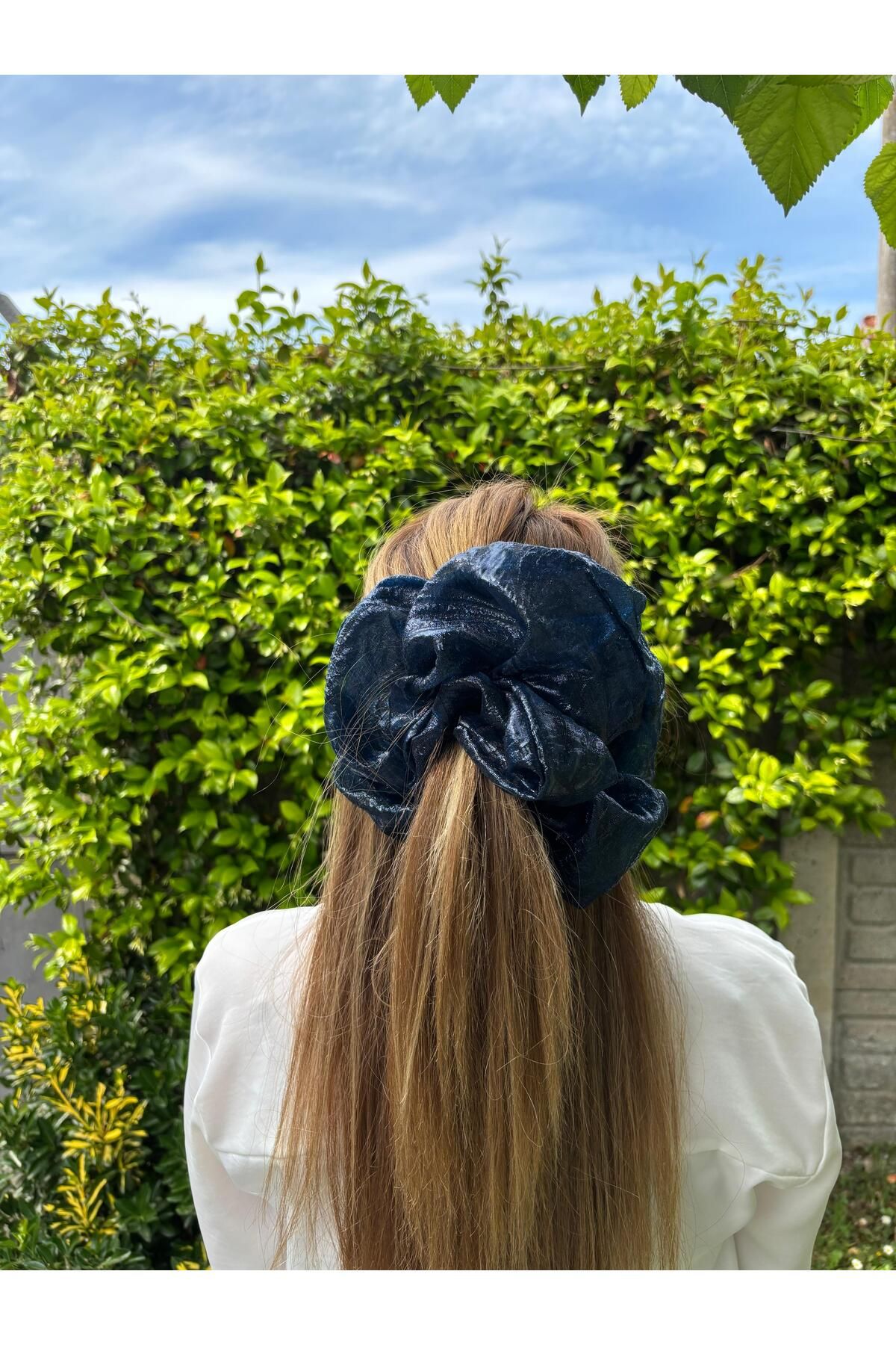 KİKİYS Parlak Lacivert XXL Saç Tokası Kadın Saç Aksesuarı Scrunchie