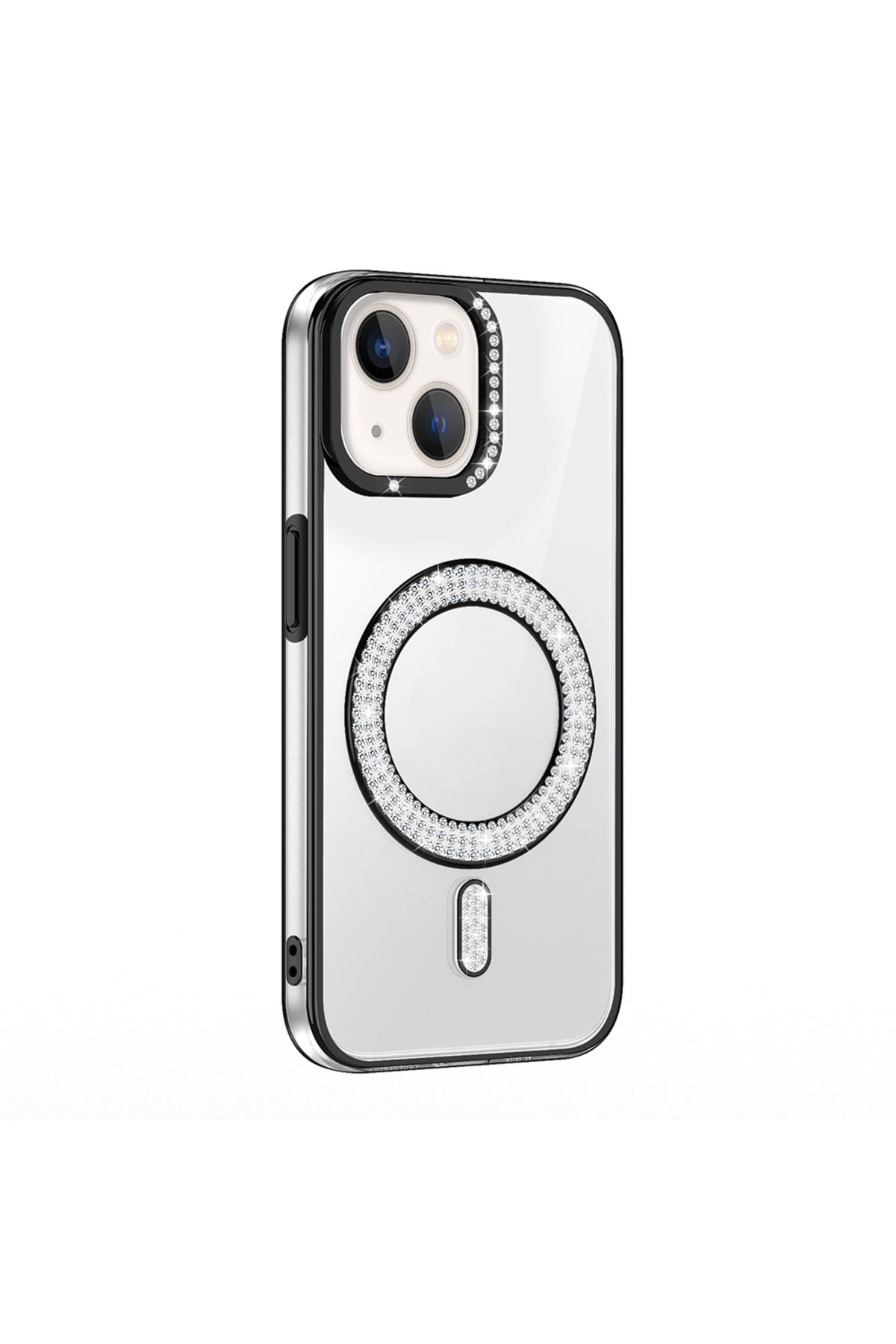 Strap U Apple iPhone 15 Kılıf Pırlanta Taş Tasarımlı M-safe Şarj Özellikli Karetta Silikon Kapak