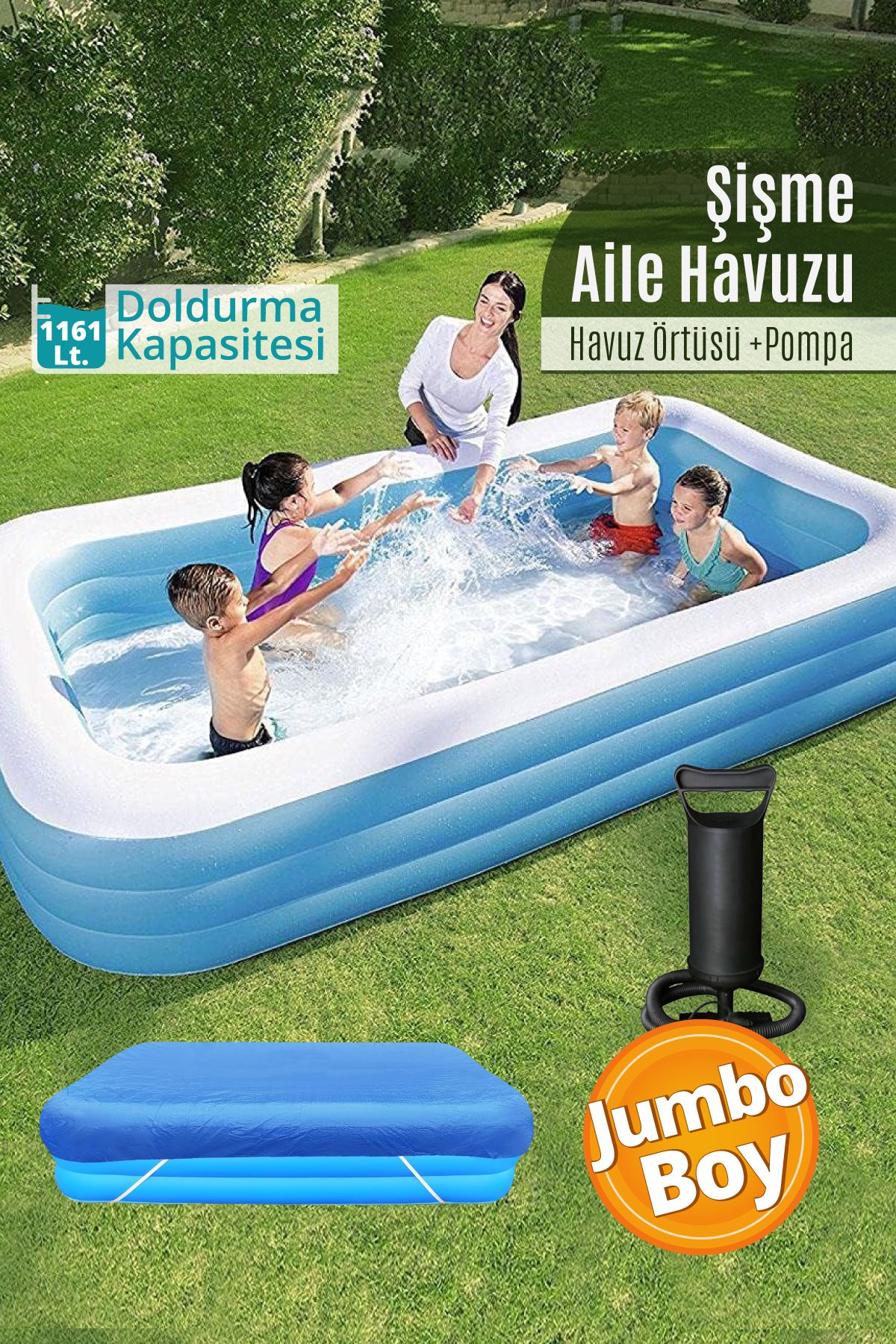 Trend Maison Şişme Havuz Büyük Boy 3 Boğumlu Jumbo Boy Aile Havuzu 305x183x56 Havuz Örtüsü Ve Pompa