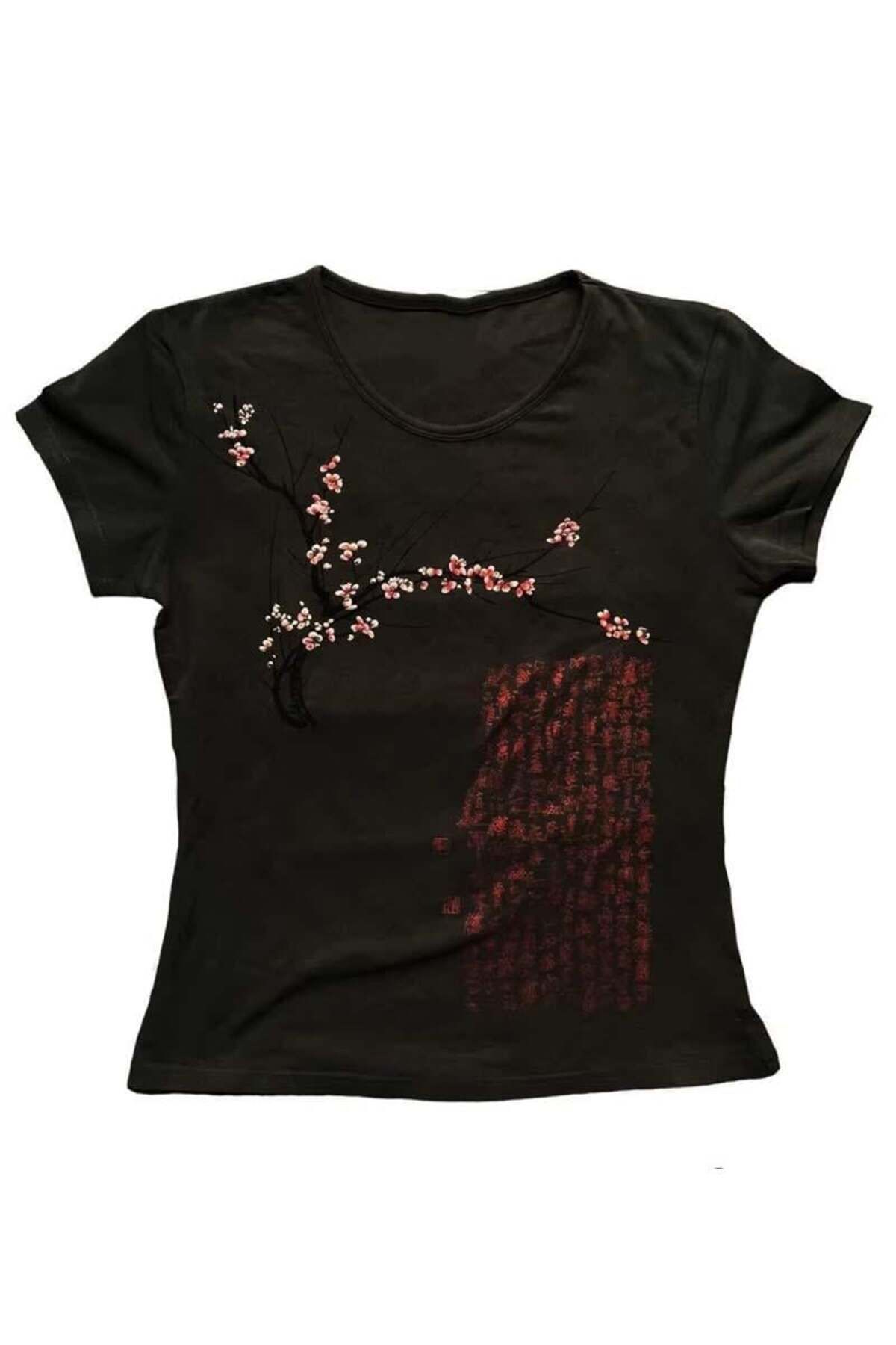 BALİNA Siyah Japanese Sakura Tree Kısa Kollu Crop -BLN