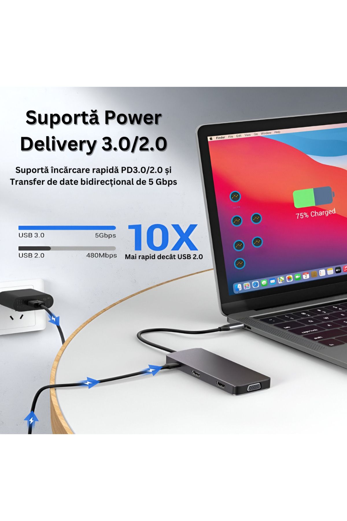Velixo-9 In 1 Usb-c Hub, 2x Hdmi 4k, Vga, 3x Usb 3.0, Pd 87w, Sd/tf Reader, For Laptop/macbook/tableta Gray 3