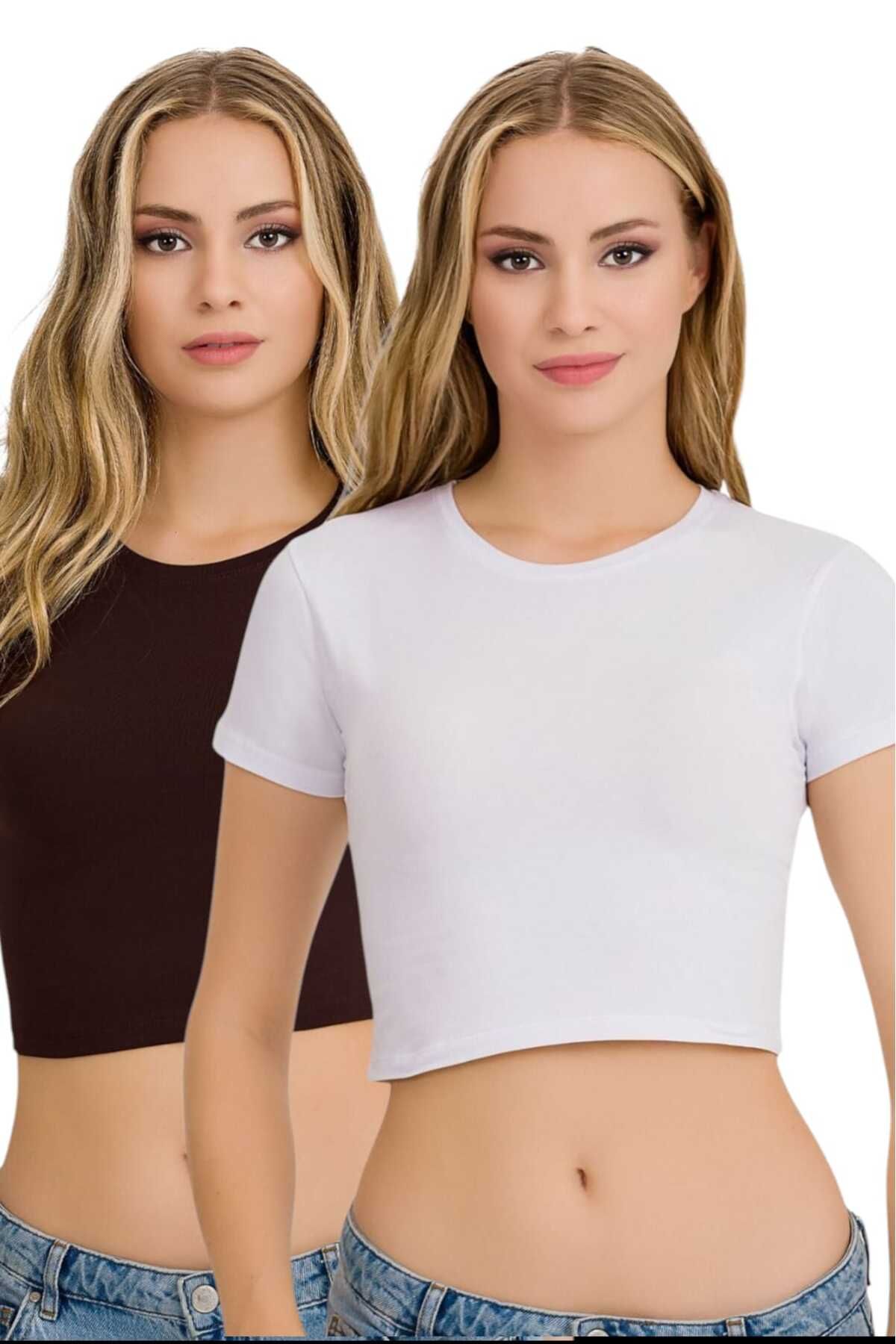 Fanilam İlke Kadın Elestan Kısa Kollu Crop -Pamuklu Şık Ve Rahat Yarım Atlet Body 2 adet