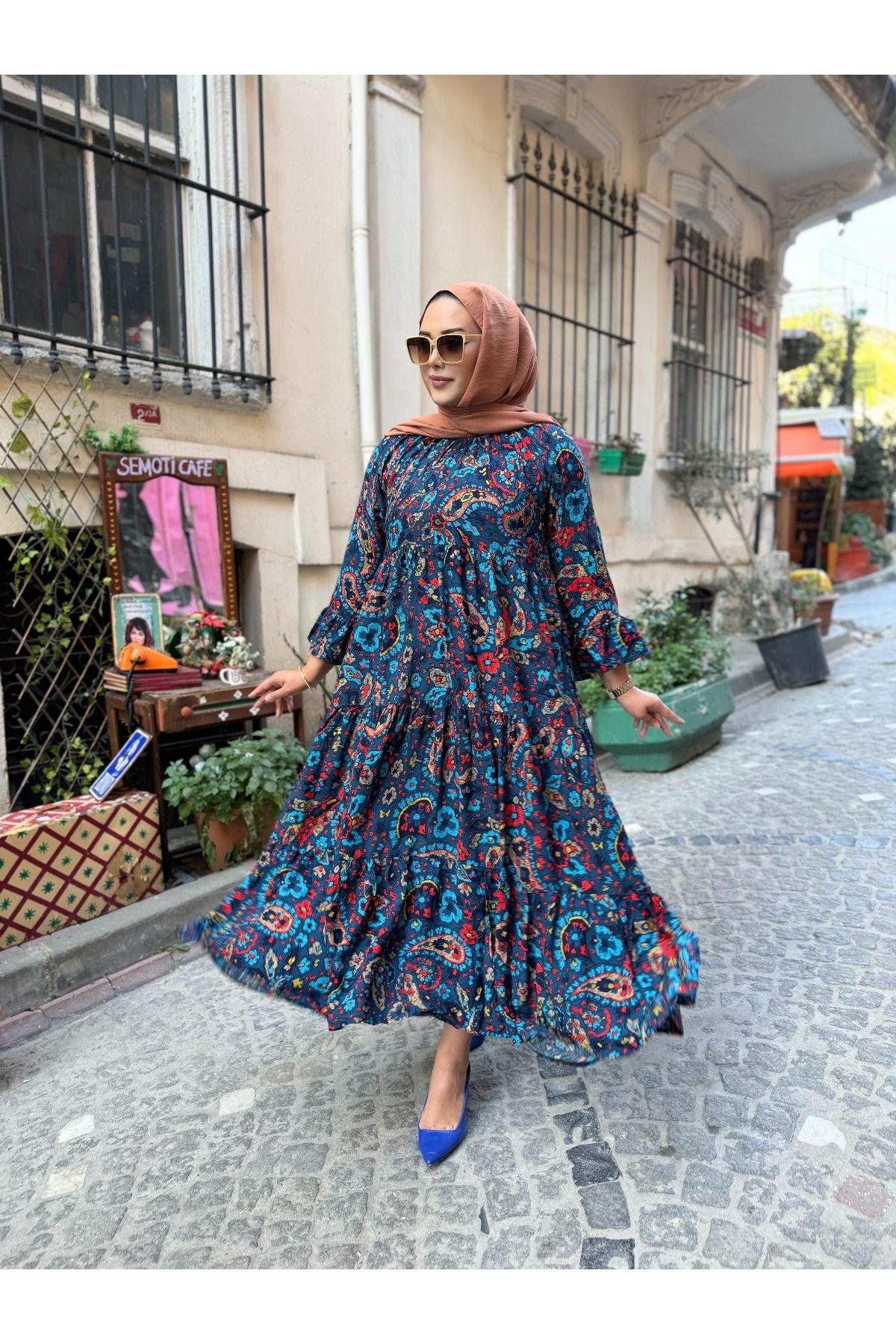 Güler Casual Çok Renkli Desenli Lastikli Kol Elbise