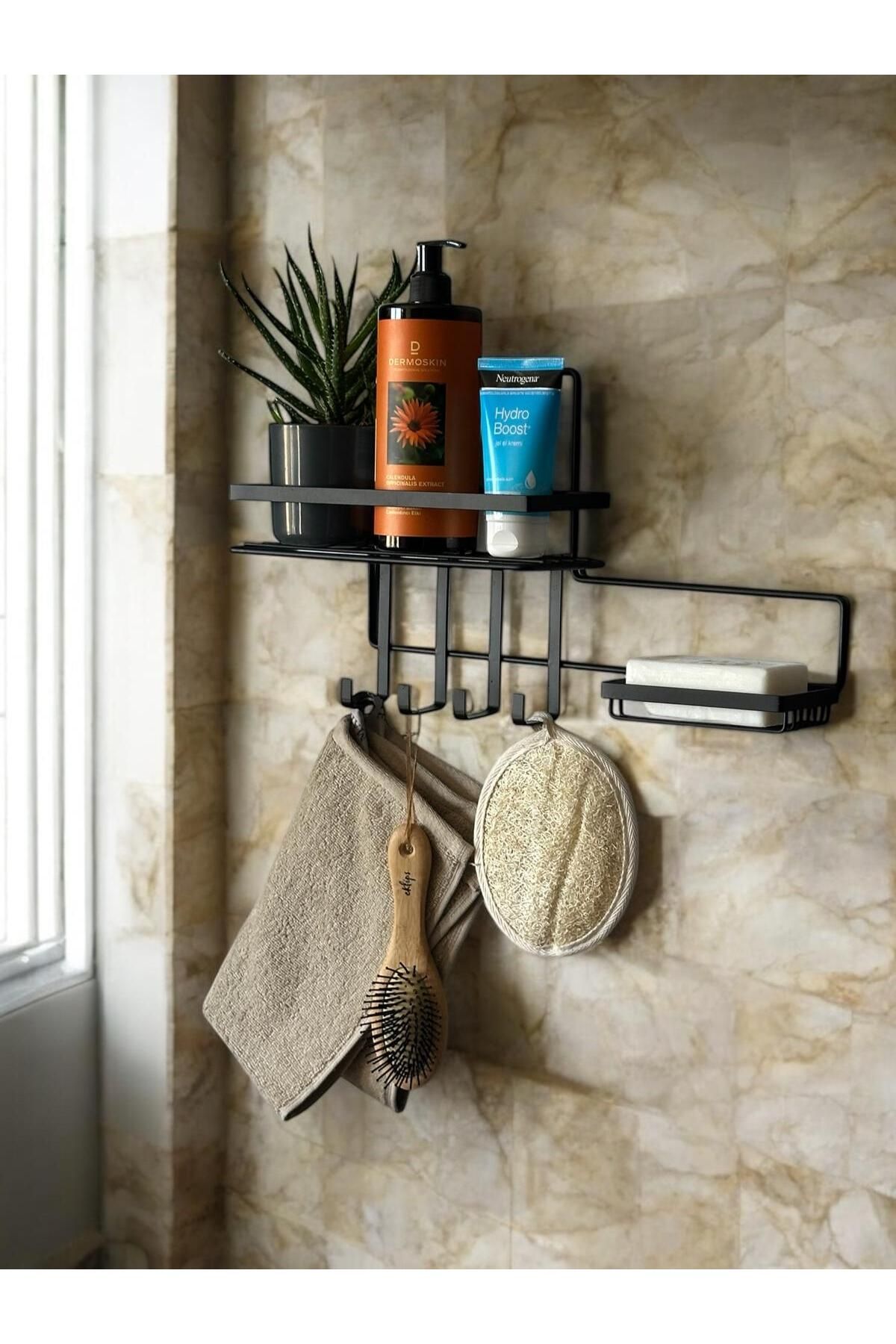 Magic Objects Yapışkanlı Banyo Düzenleyici - Kancalı Sabunluklu Mat Siyah Organizer