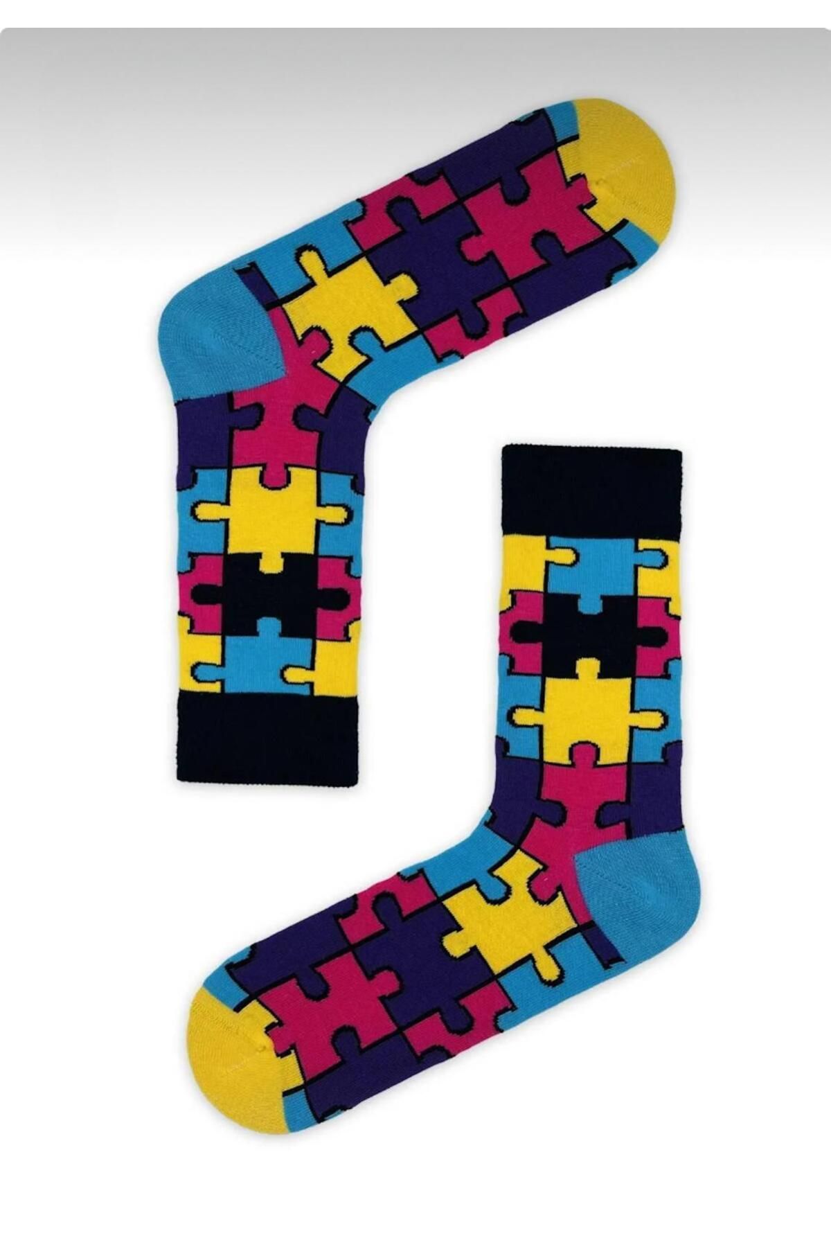 çorapmatik Puzzle Desenli Renkli Soket Çorap
