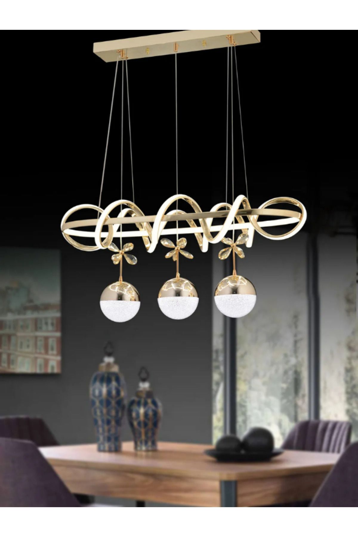 B&F STORE NEW STYLE LED AVİZE AKIN YEMEK MASASI GOLD 3RENK IŞIKLI