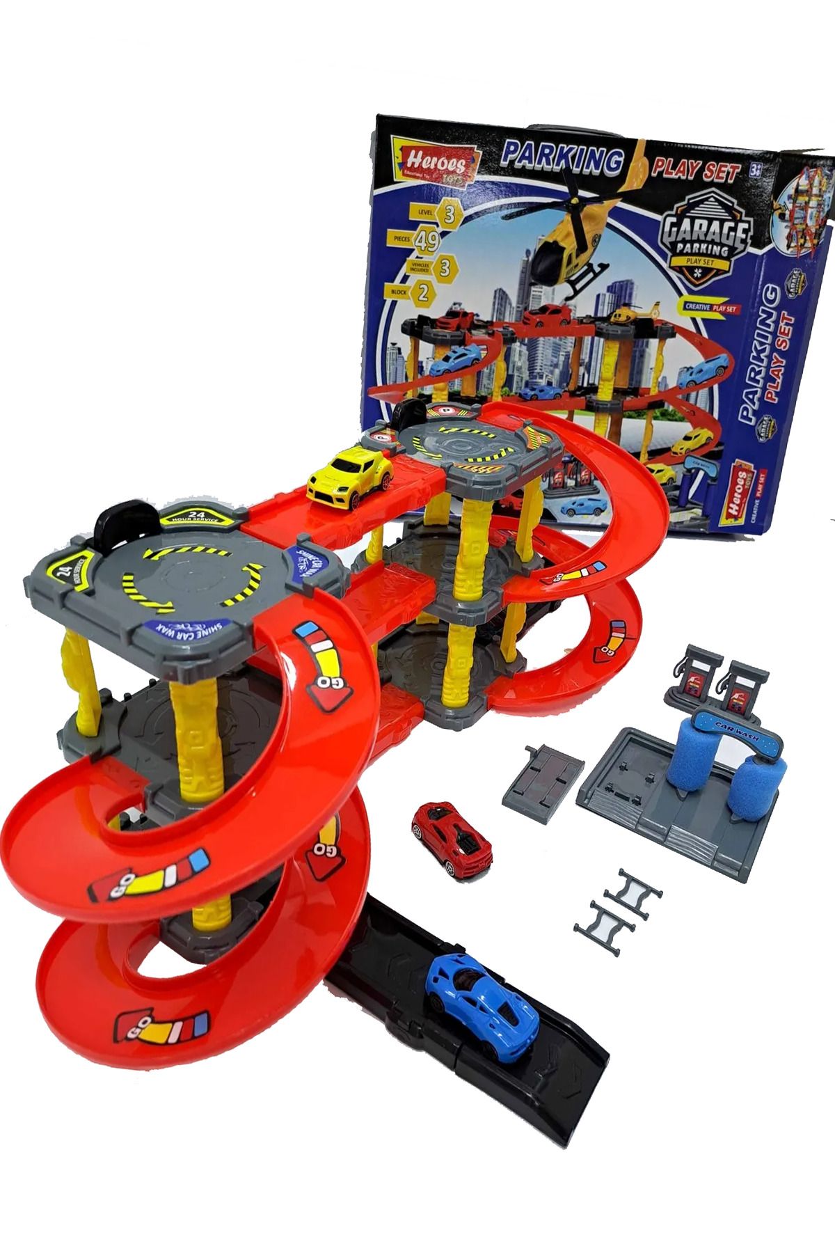ALYTOYS OYUNCAK Otopark 3 KATLI Garaj Araba Yıkama Stickerli 38x44cm Tamirhane Garajı Kolay Kurulum
