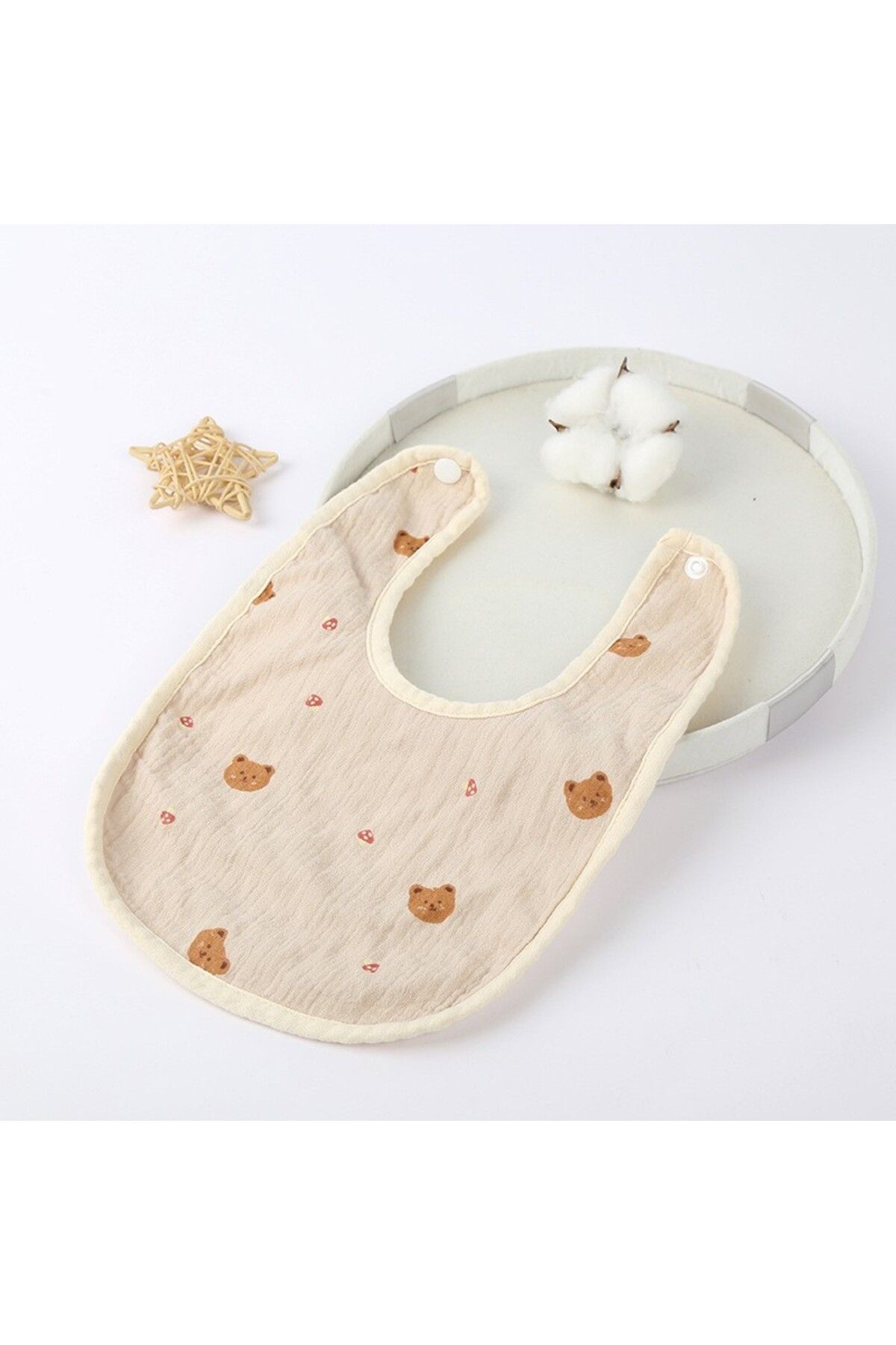Flippy-Bavetă Bebe U-shape, Bumbac, 0–12 Luni, Impermeabilă, Capse, Model Ursuleț, 21x30 Cm, Bej 2