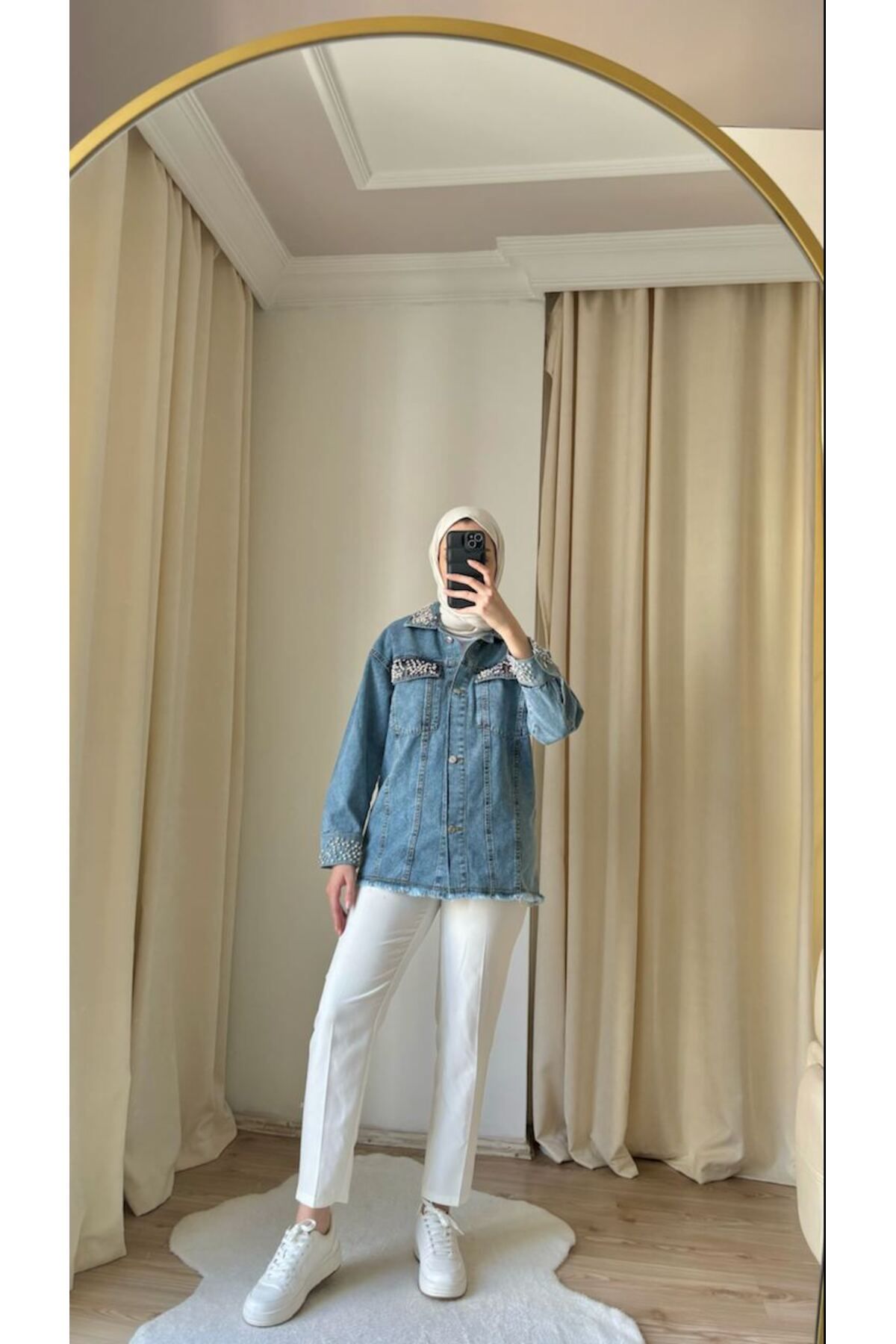 Suede Style 8849 - Cep ve Kol Taş Süslemeli Rahat Şık Kadın Kot Ceket