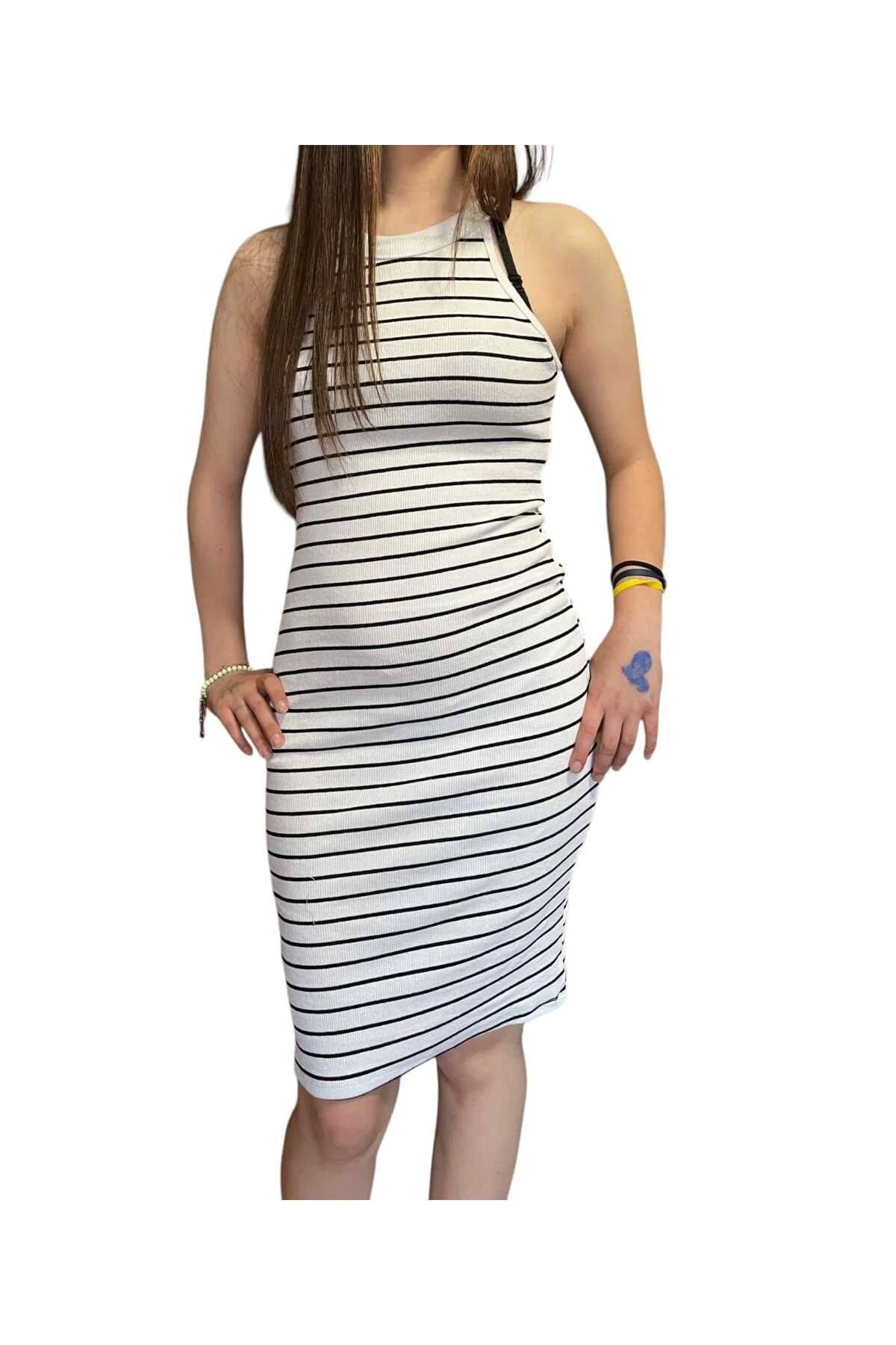 MODA Kadın Cotton Kaşkorse Çizgili Halter Yaka Mini Elbise