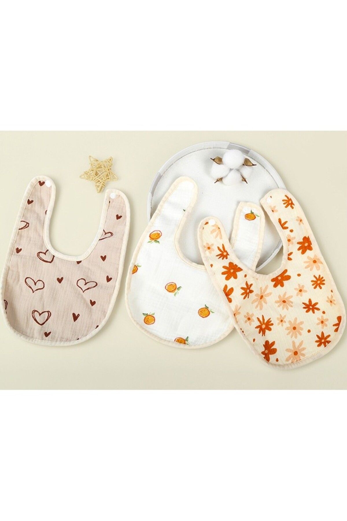 Flippy-Bavetă Bebe U-shape, Bumbac, 0–12 Luni, Impermeabilă, Capse, Model Inimă, 21x30 Cm, Bej 3