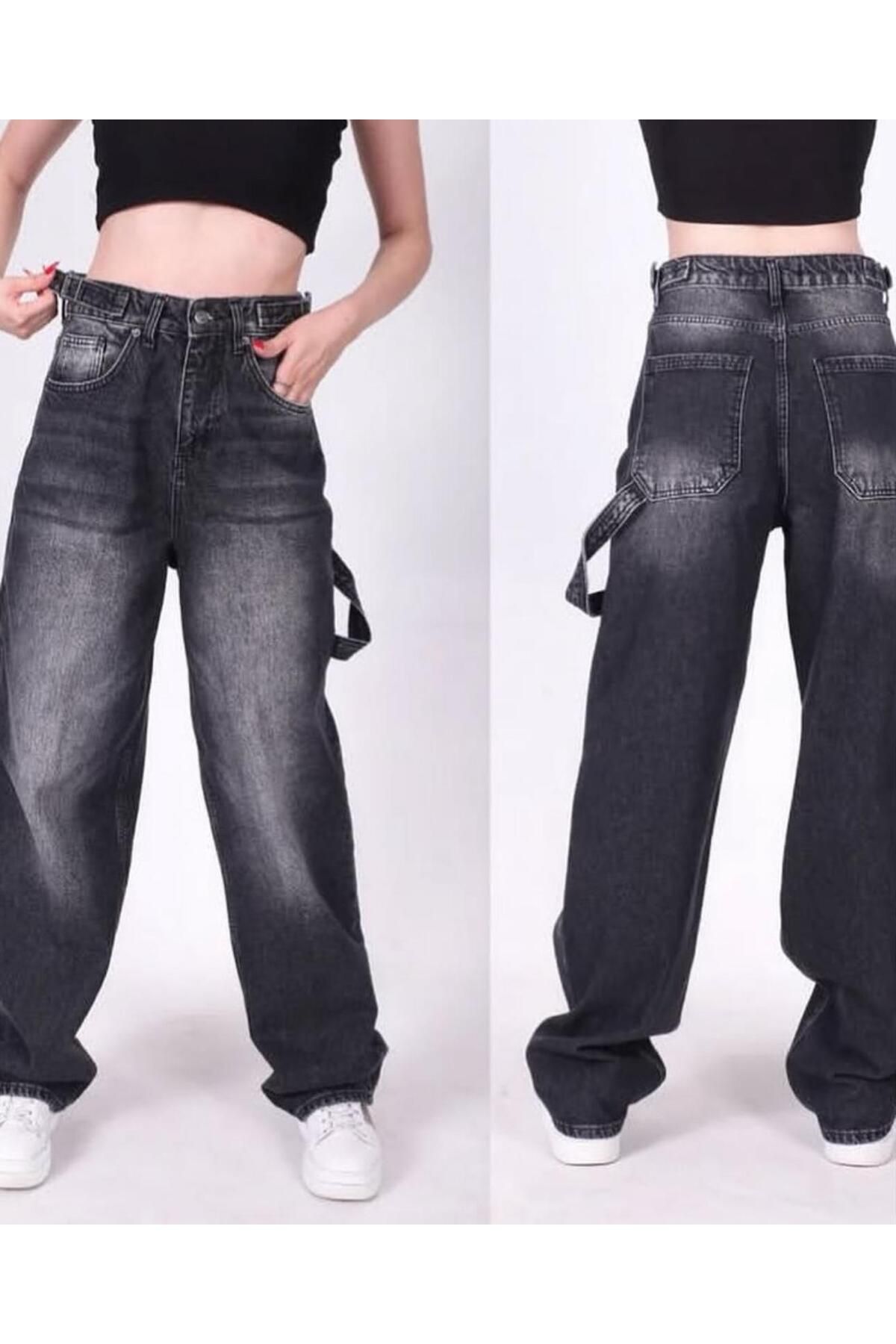 Pelin Jeans (BEL AYARLANABİLİR) YAN TOKALI (TAŞLANMIŞ) BOL PAÇA BAGGY JEANS