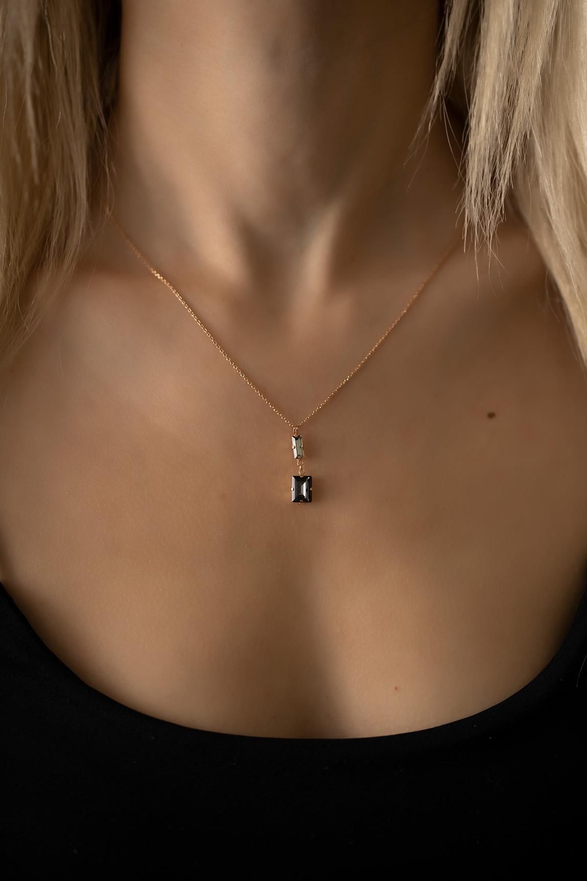Ninova Silver Çubuk ve Baget Model Rose Kaplama Gümüş Crystal Kolye