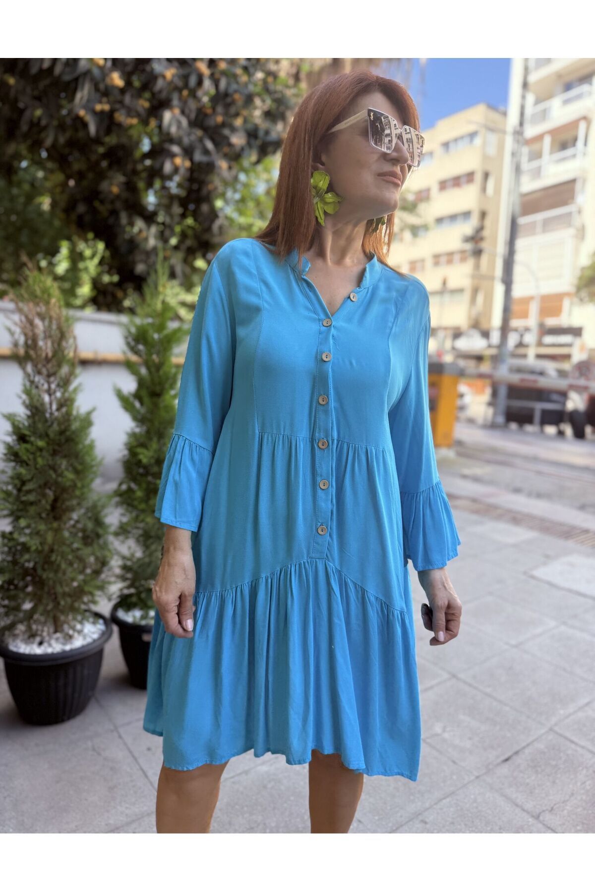 DenizEge L-Fırfırlı Viskon Elbise Mavi