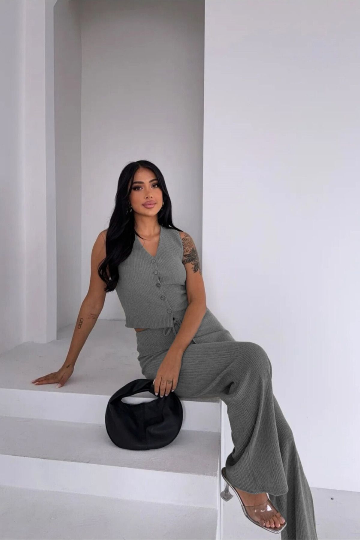 Siner Fashion Kadın Kolsuz Düğmeli Yelek Yüksek Bel Pantolon Takım