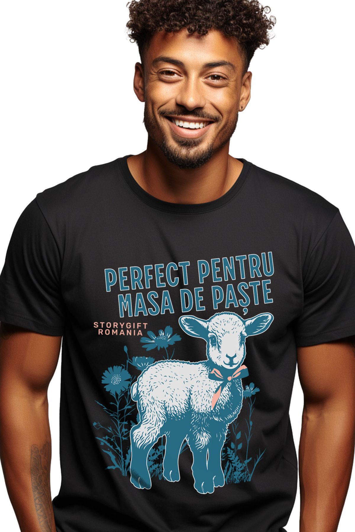 StoryGift Romania Tricou Bărbătesc Perfect Pentru Masa De Paște Cu Miel Și Fundă De Familie Cu Imprimeu Pe Față, 100 Bucăți Masculin - XL